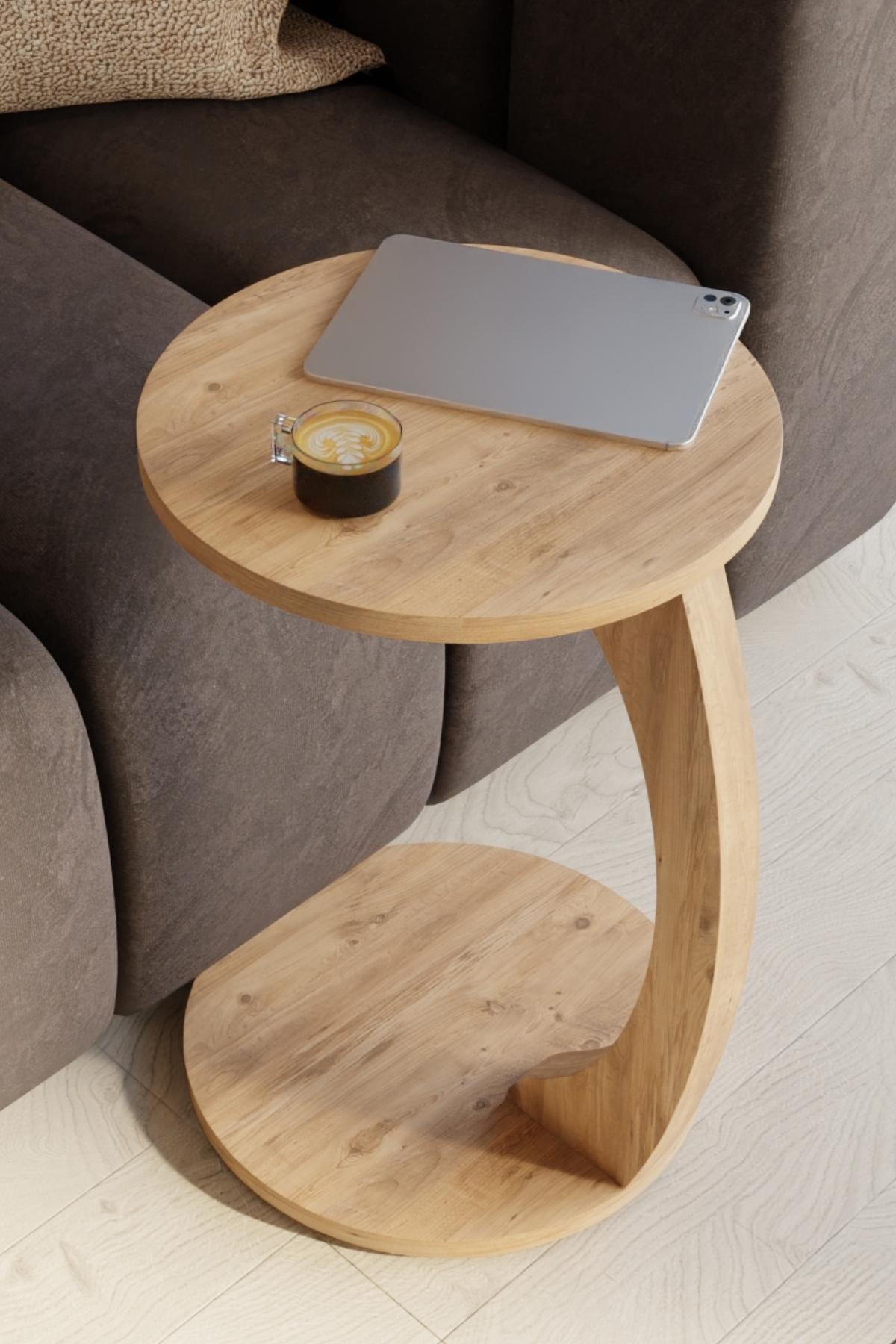 Table d’Appoint en Forme C avec Roulettes – Finition Pin Atlantique