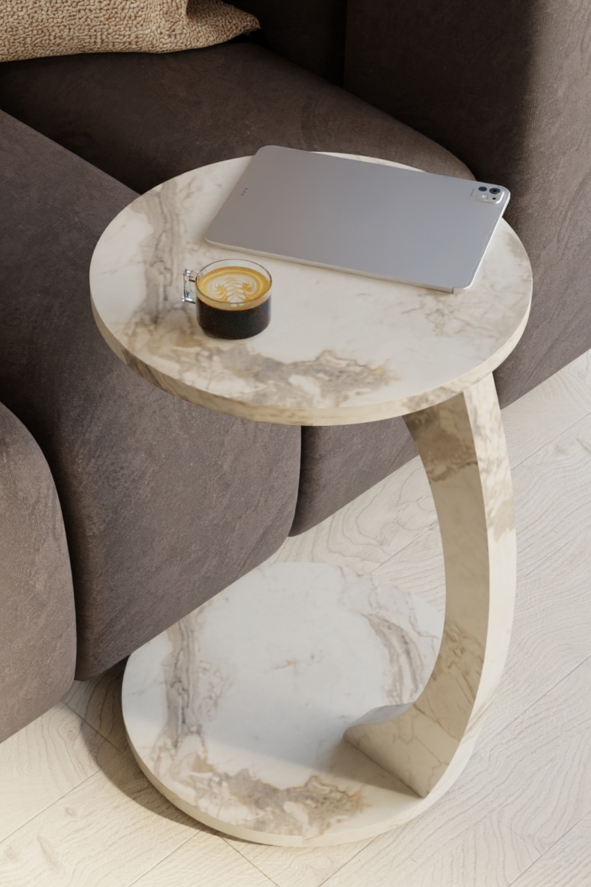 Table d’Appoint en Forme C avec Roulettes – Effet Marbre Blanc