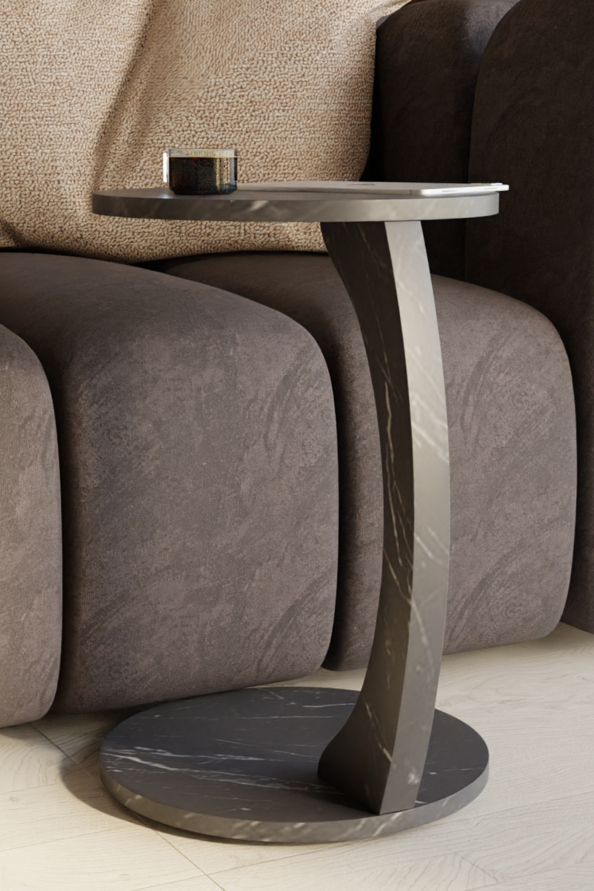 Table d’Appoint en Forme C avec Roulettes – Effet Marbre Noir