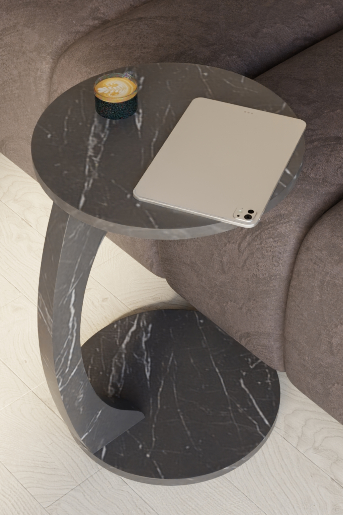 Table d’Appoint en Forme C avec Roulettes – Effet Marbre Noir