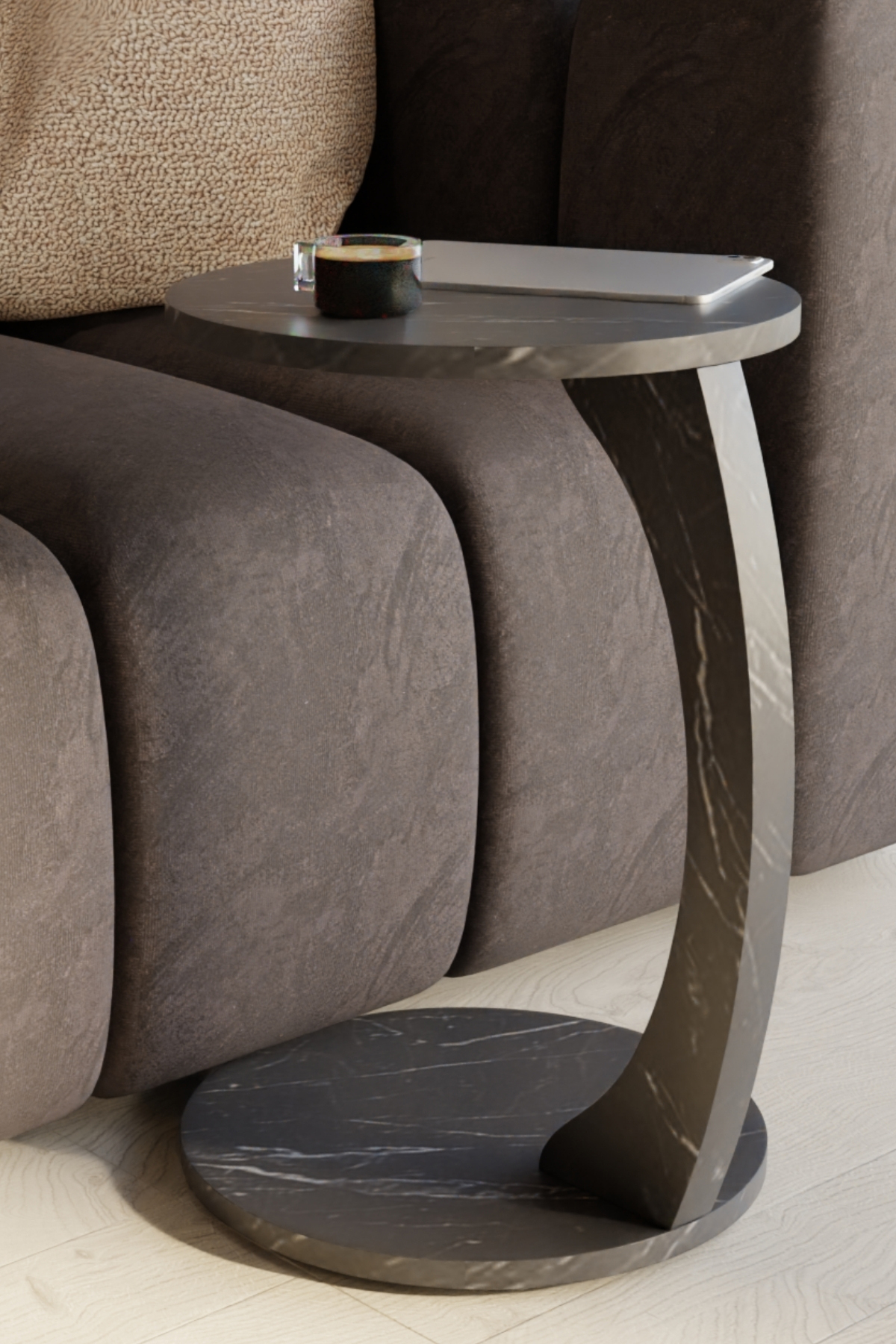 Table d’Appoint en Forme C avec Roulettes – Effet Marbre Noir