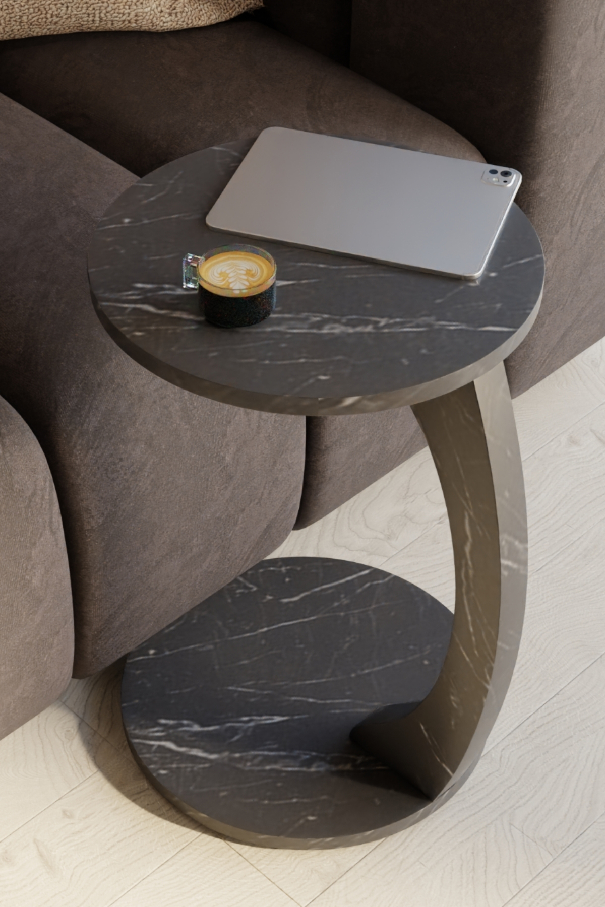 Table d’Appoint en Forme C avec Roulettes – Effet Marbre Noir