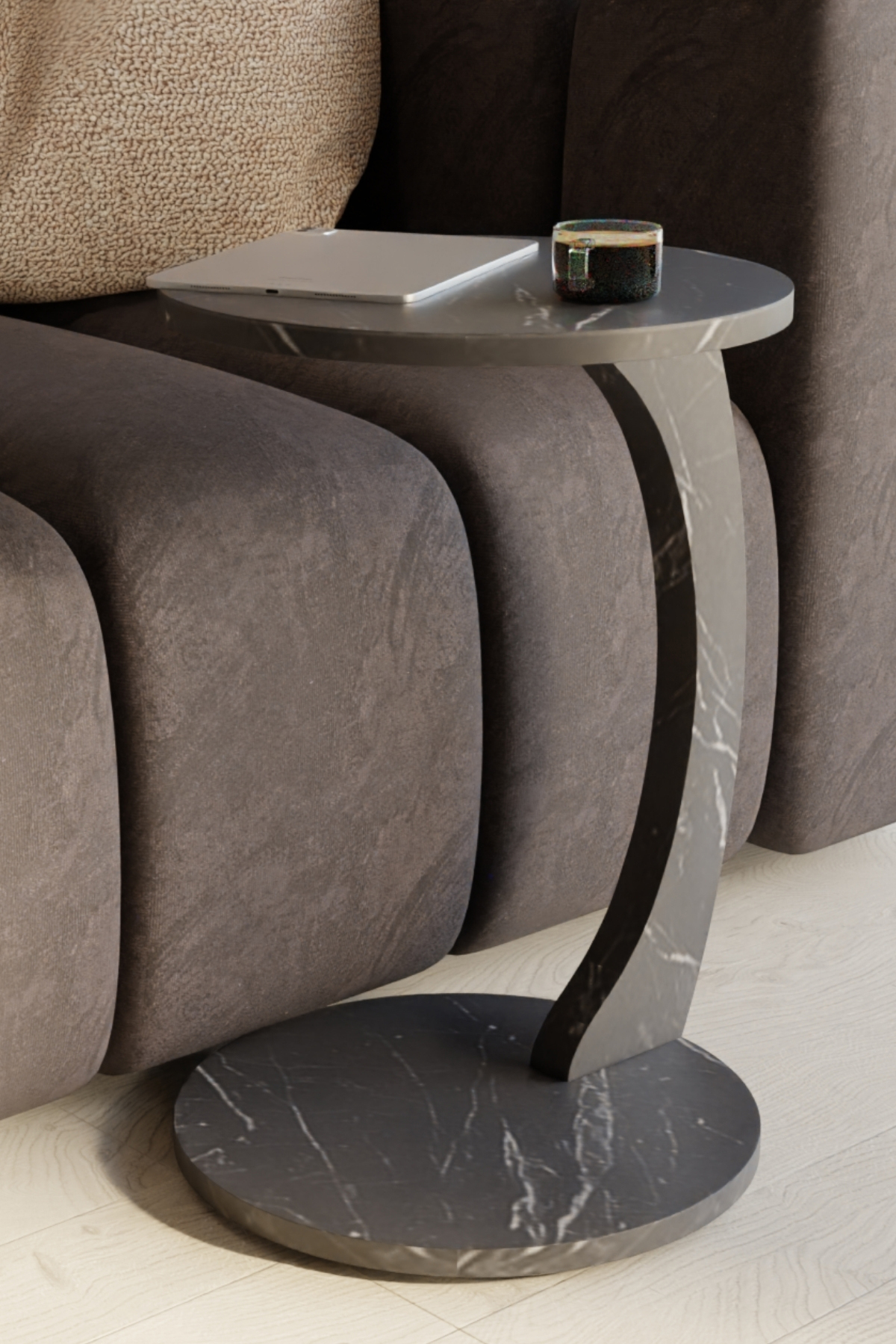Table d’Appoint en Forme C avec Roulettes – Effet Marbre Noir