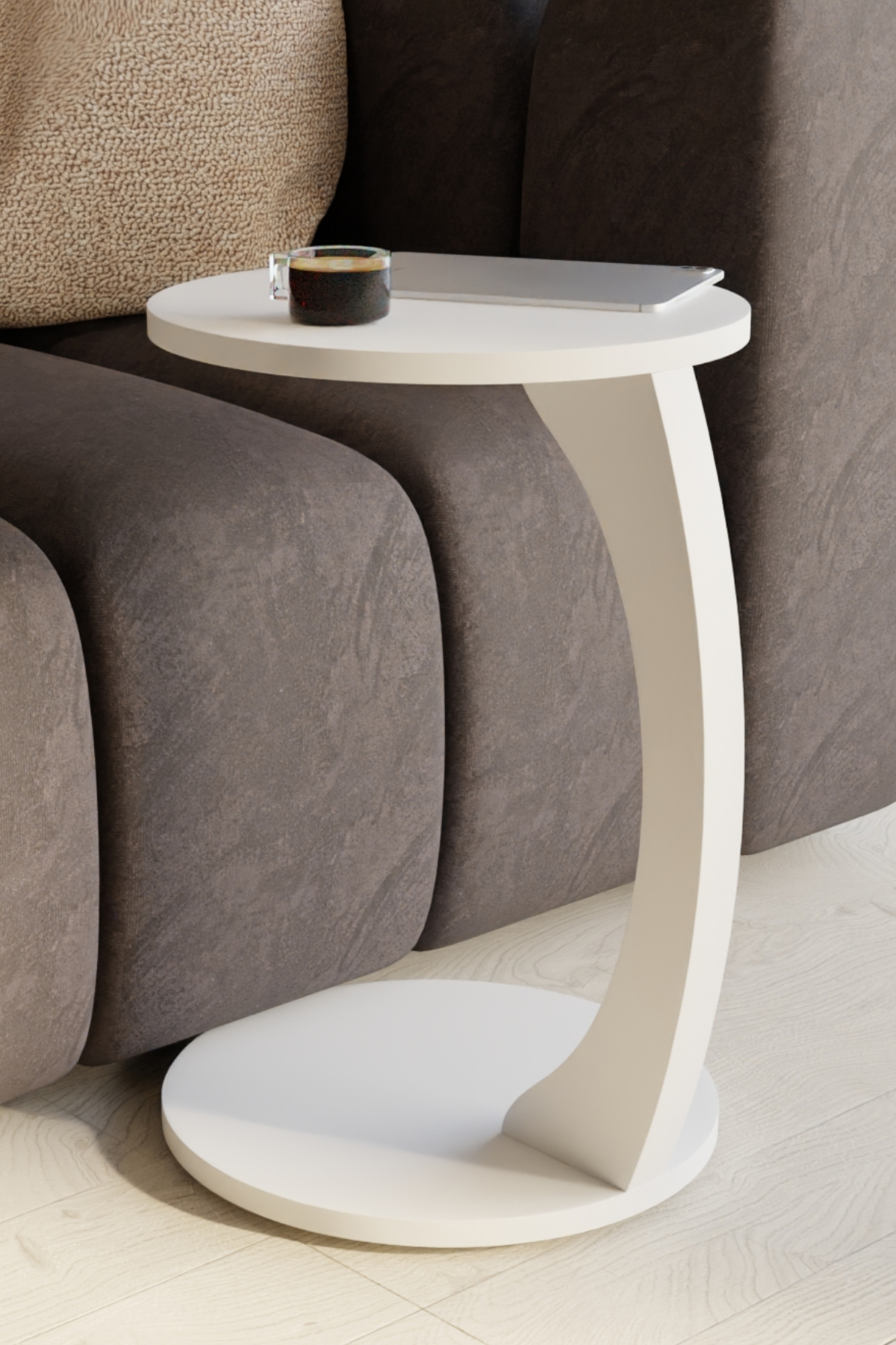 Table d’Appoint en Forme C avec Roulettes – Blanc