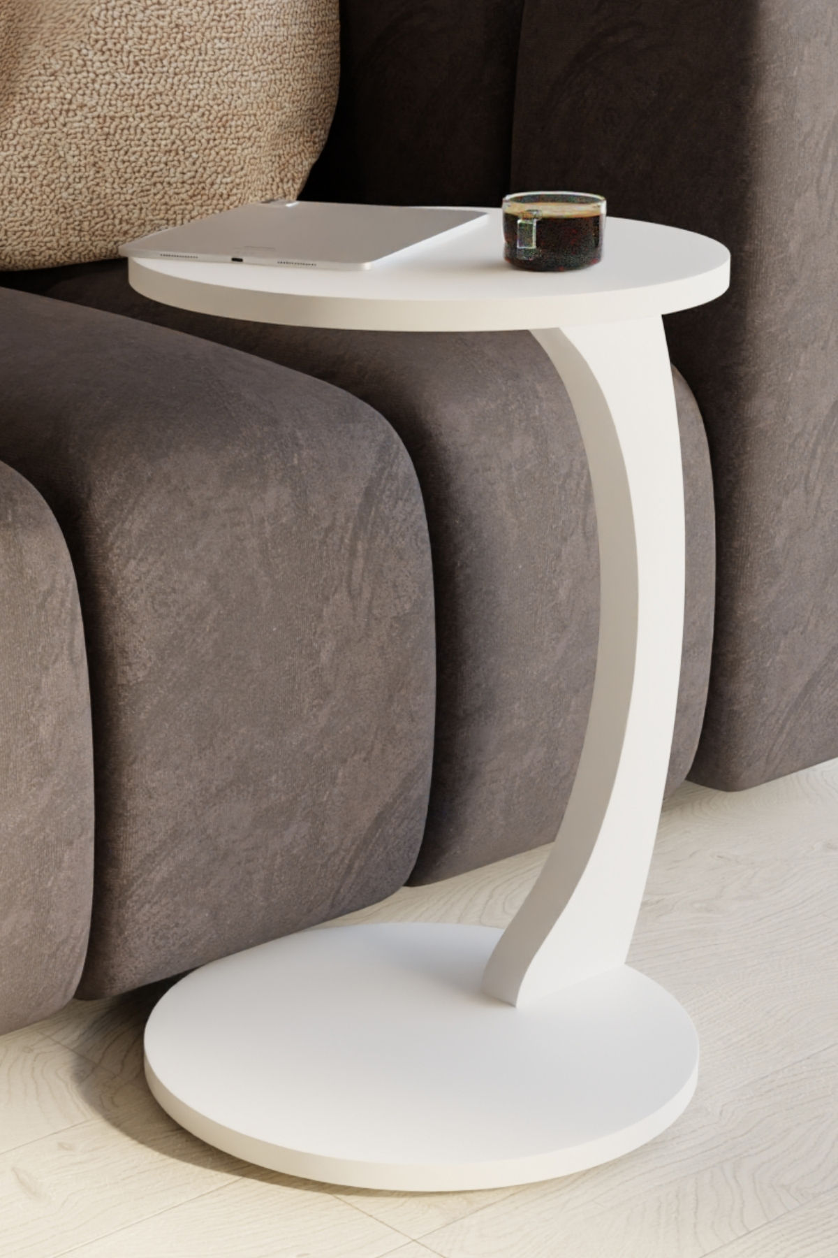 Table d’Appoint en Forme C avec Roulettes – Blanc