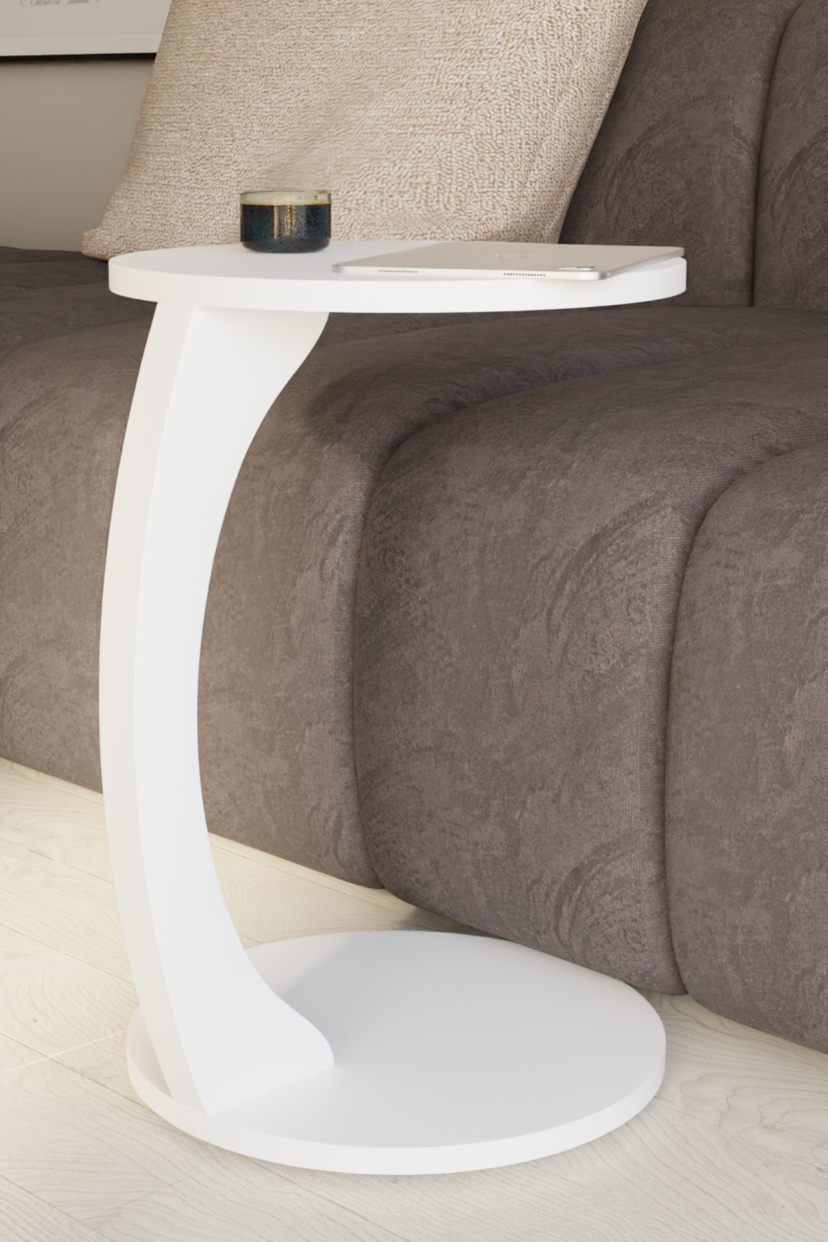 Table d’Appoint en Forme C avec Roulettes – Blanc