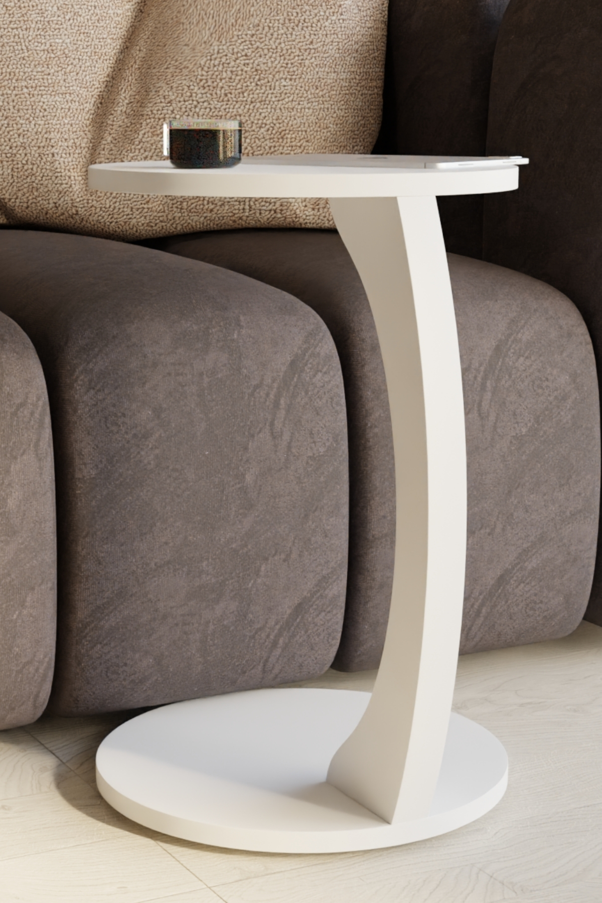 Table d’Appoint en Forme C avec Roulettes – Blanc