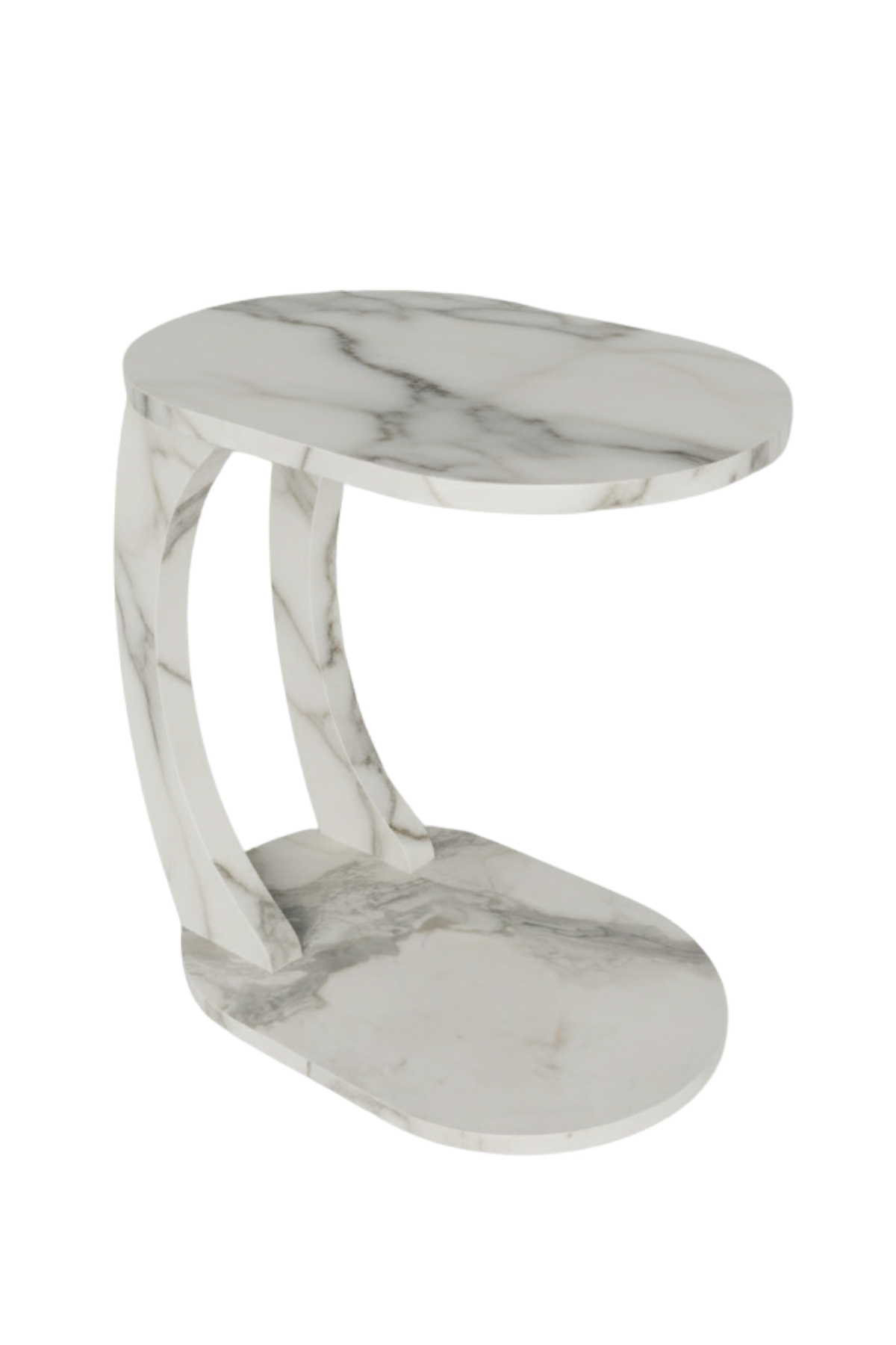 Table d’Appoint Ovale en Forme C avec Roulettes – Effet Marbre Blanc