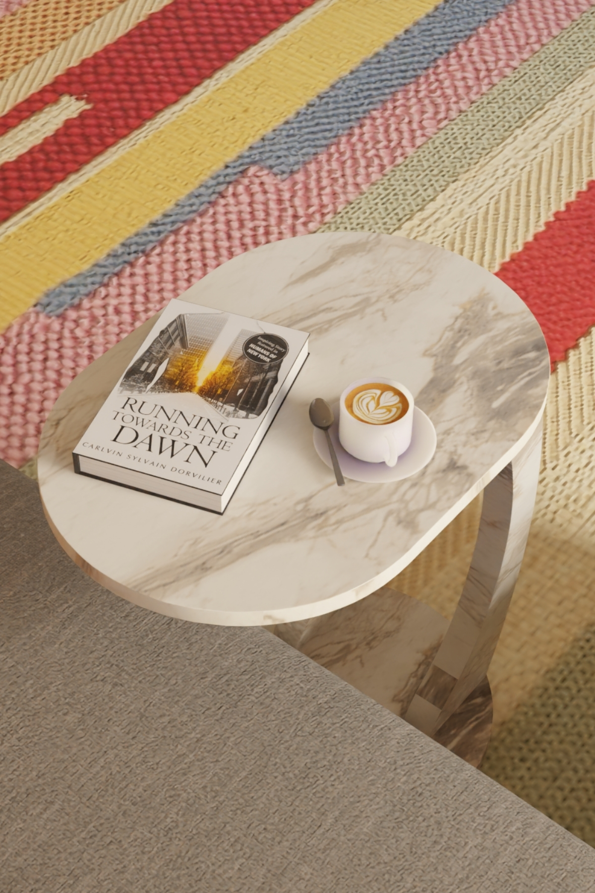 Table d’Appoint Ovale en Forme C avec Roulettes – Effet Marbre Blanc