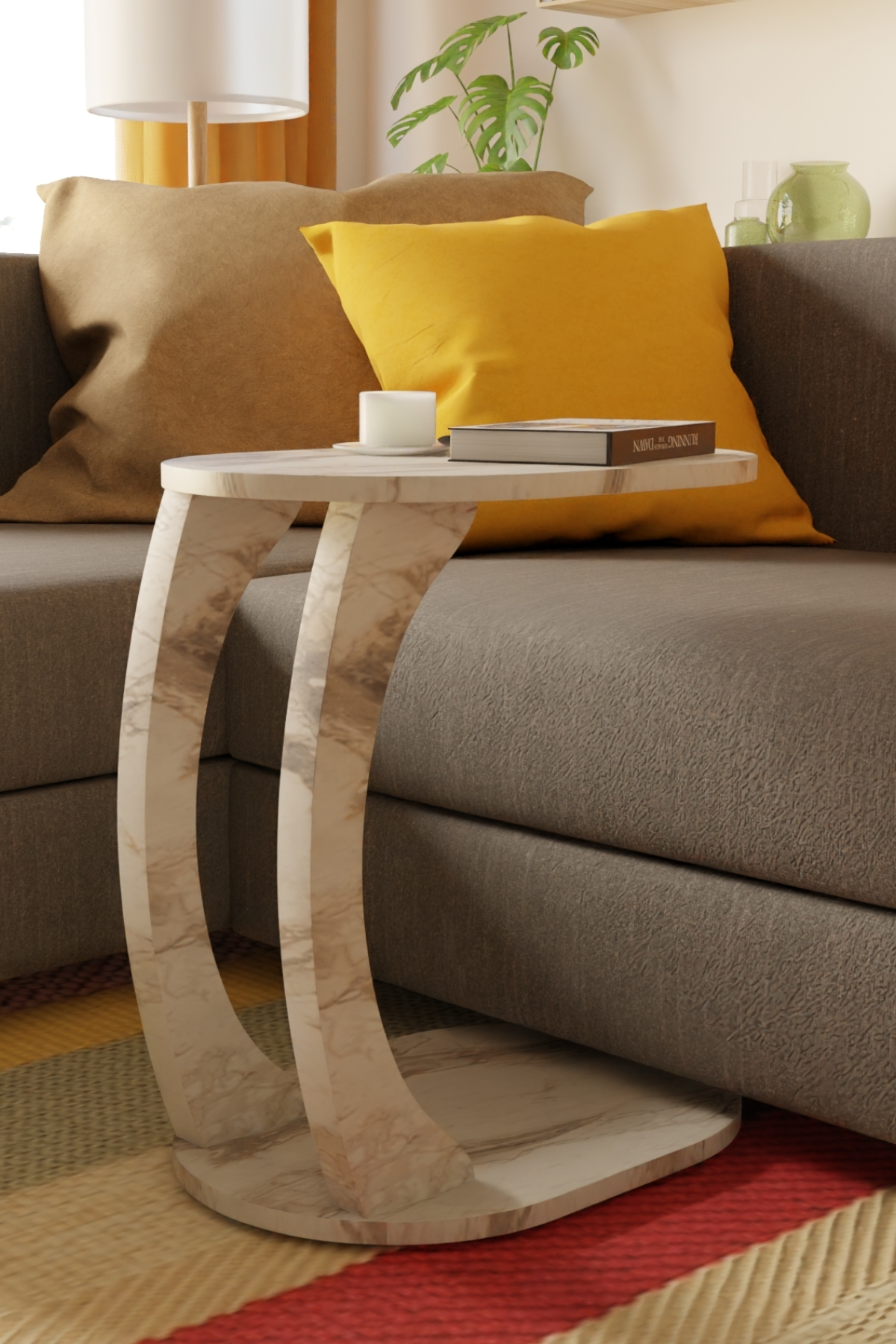 Table d’Appoint Ovale en Forme C avec Roulettes – Effet Marbre Blanc