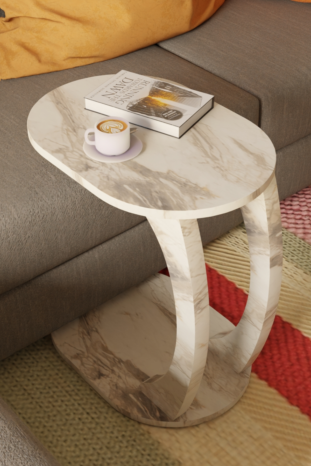 Table d’Appoint Ovale en Forme C avec Roulettes – Effet Marbre Blanc