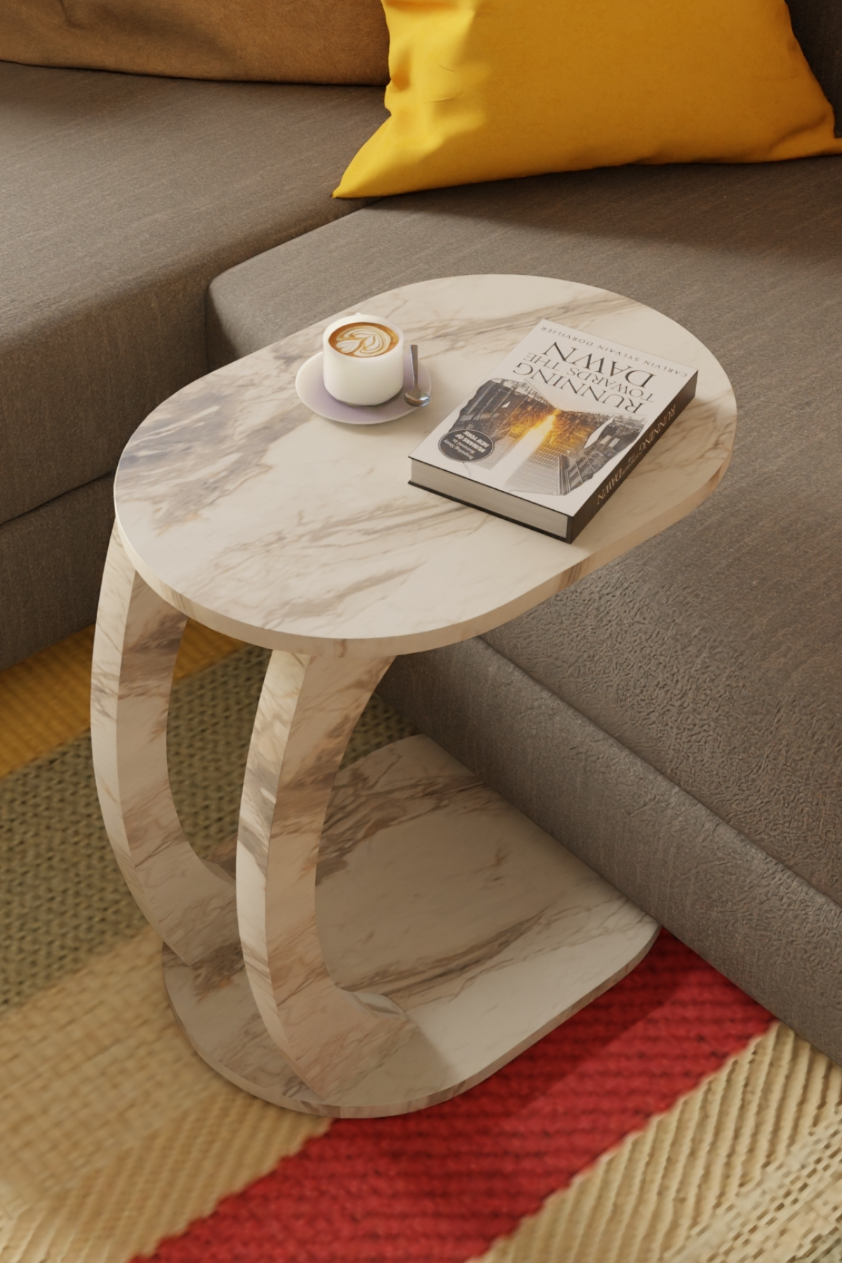 Table d’Appoint Ovale en Forme C avec Roulettes – Effet Marbre Blanc