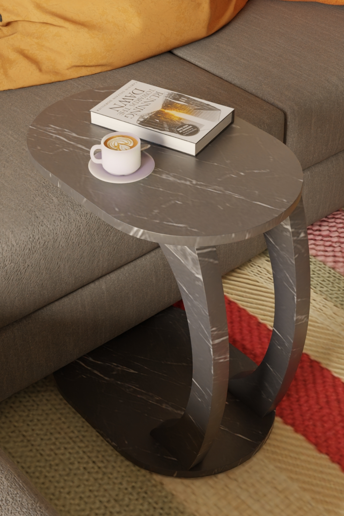 Table d’Appoint Ovale en Forme C avec Roulettes – Effet Marbre Noir