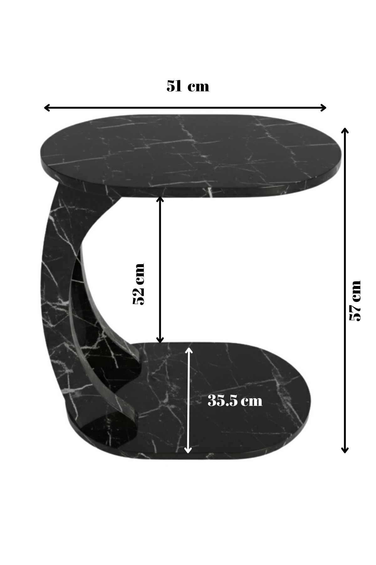 Table d’Appoint Ovale en Forme C avec Roulettes – Effet Marbre Noir