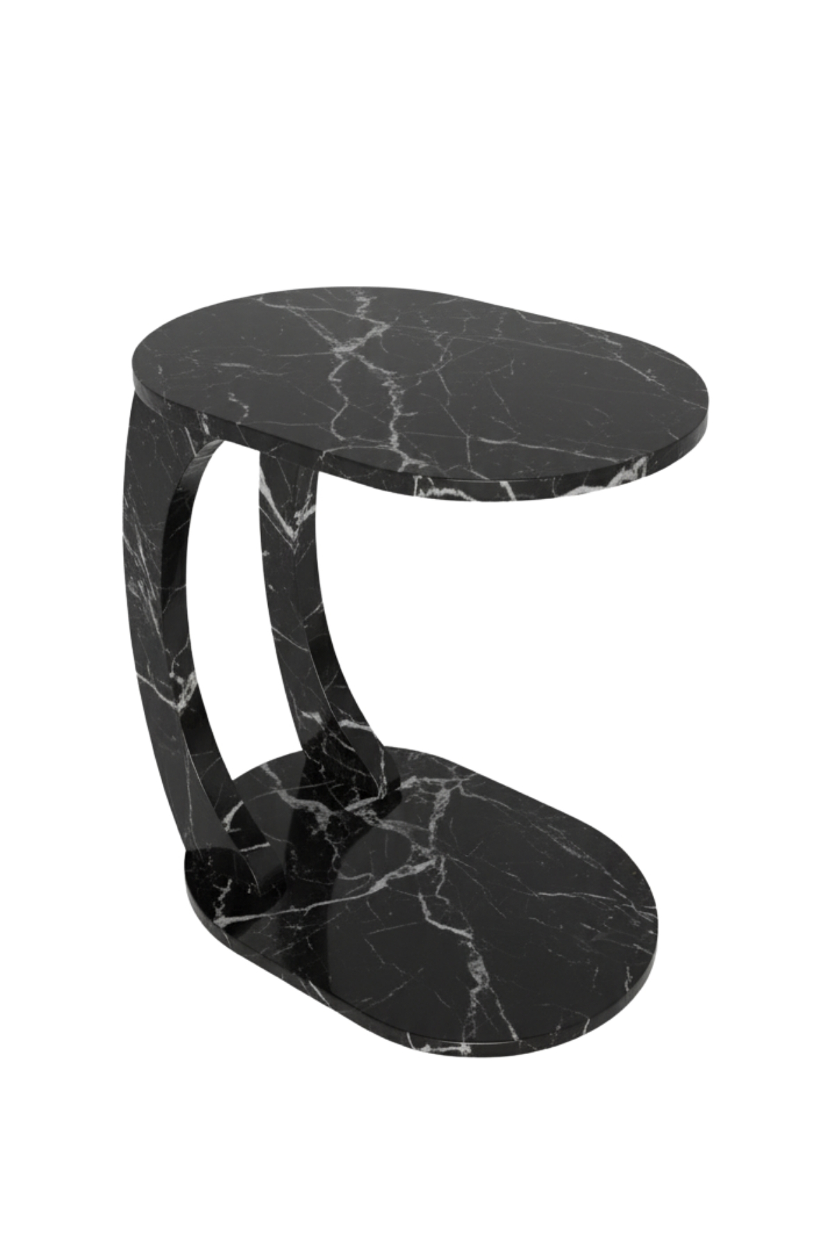 Table d’Appoint Ovale en Forme C avec Roulettes – Effet Marbre Noir