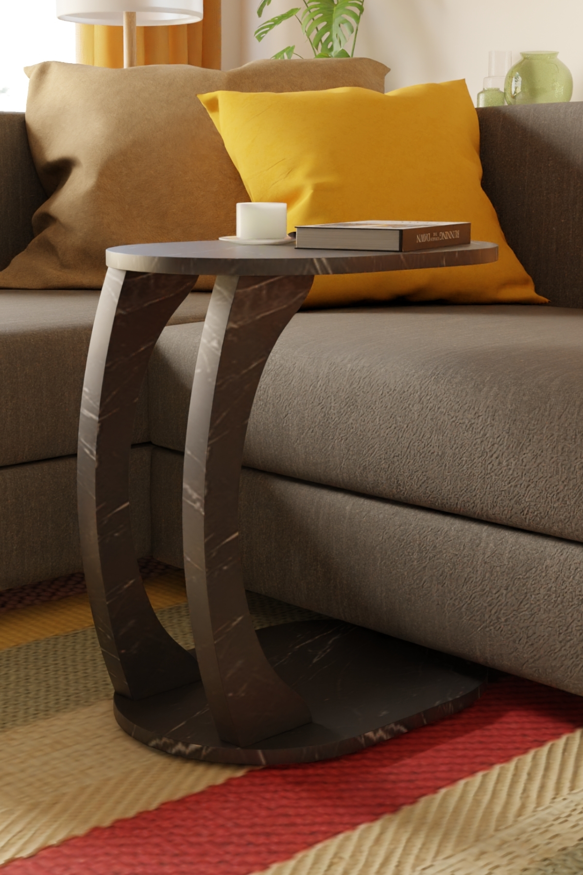 Table d’Appoint Ovale en Forme C avec Roulettes – Effet Marbre Noir