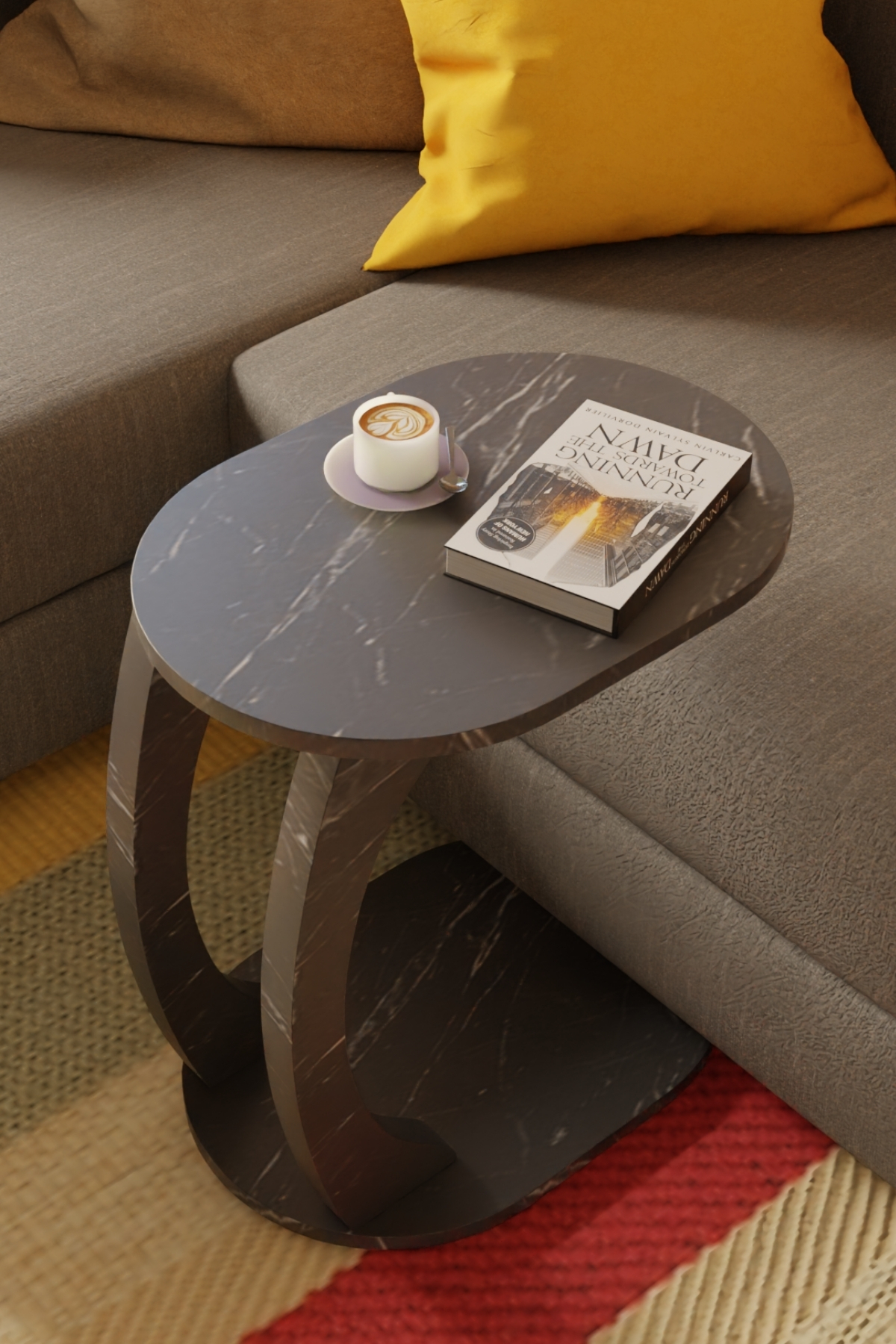 Table d’Appoint Ovale en Forme C avec Roulettes – Effet Marbre Noir