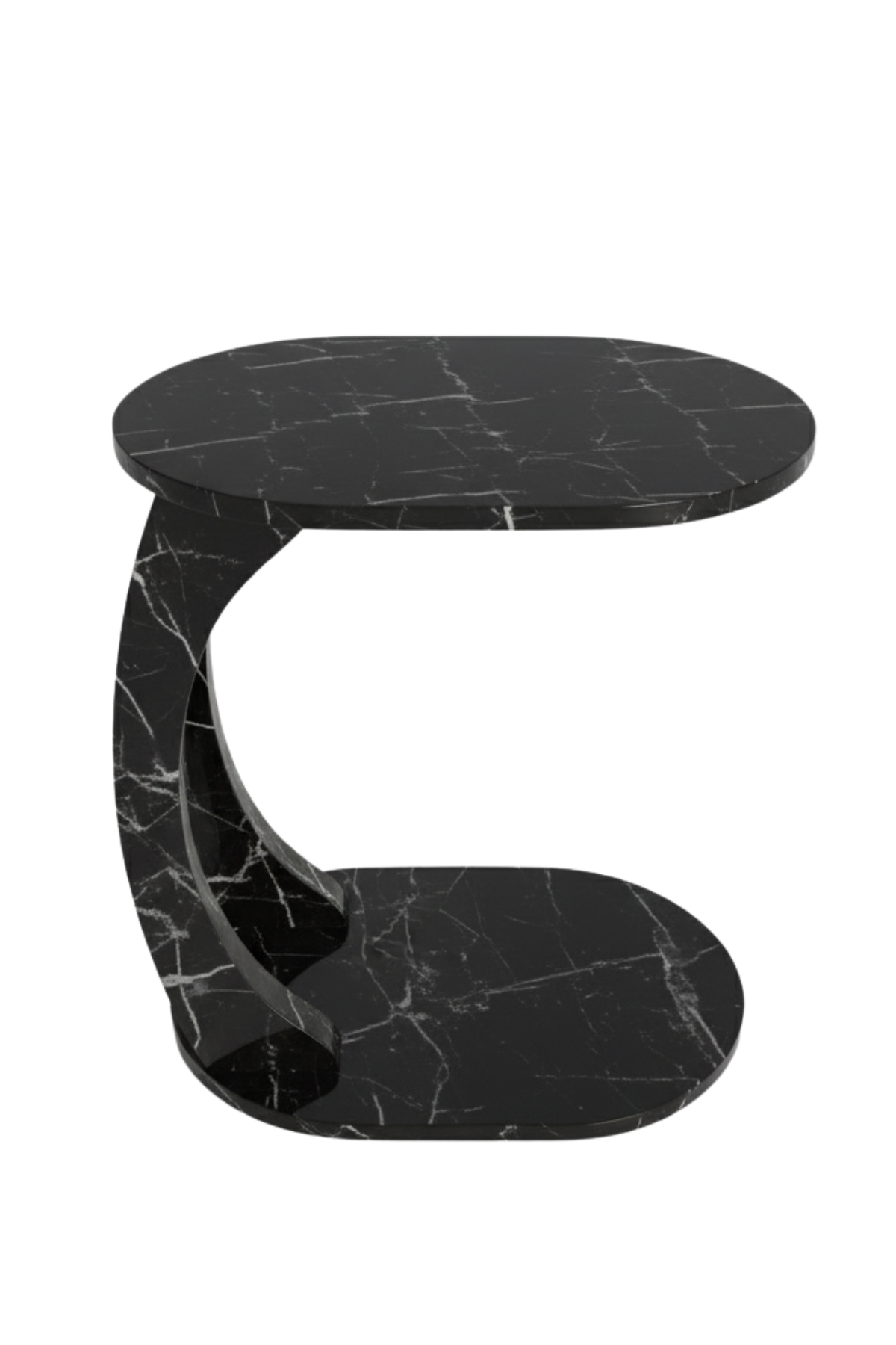 Table d’Appoint Ovale en Forme C avec Roulettes – Effet Marbre Noir
