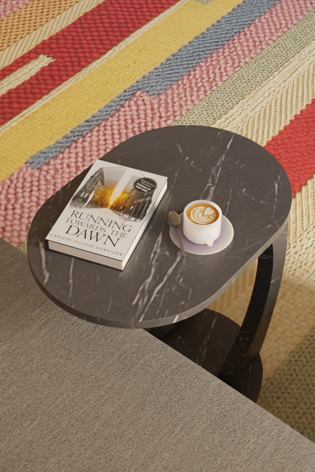 Table d’Appoint Ovale en Forme C avec Roulettes – Effet Marbre Noir
