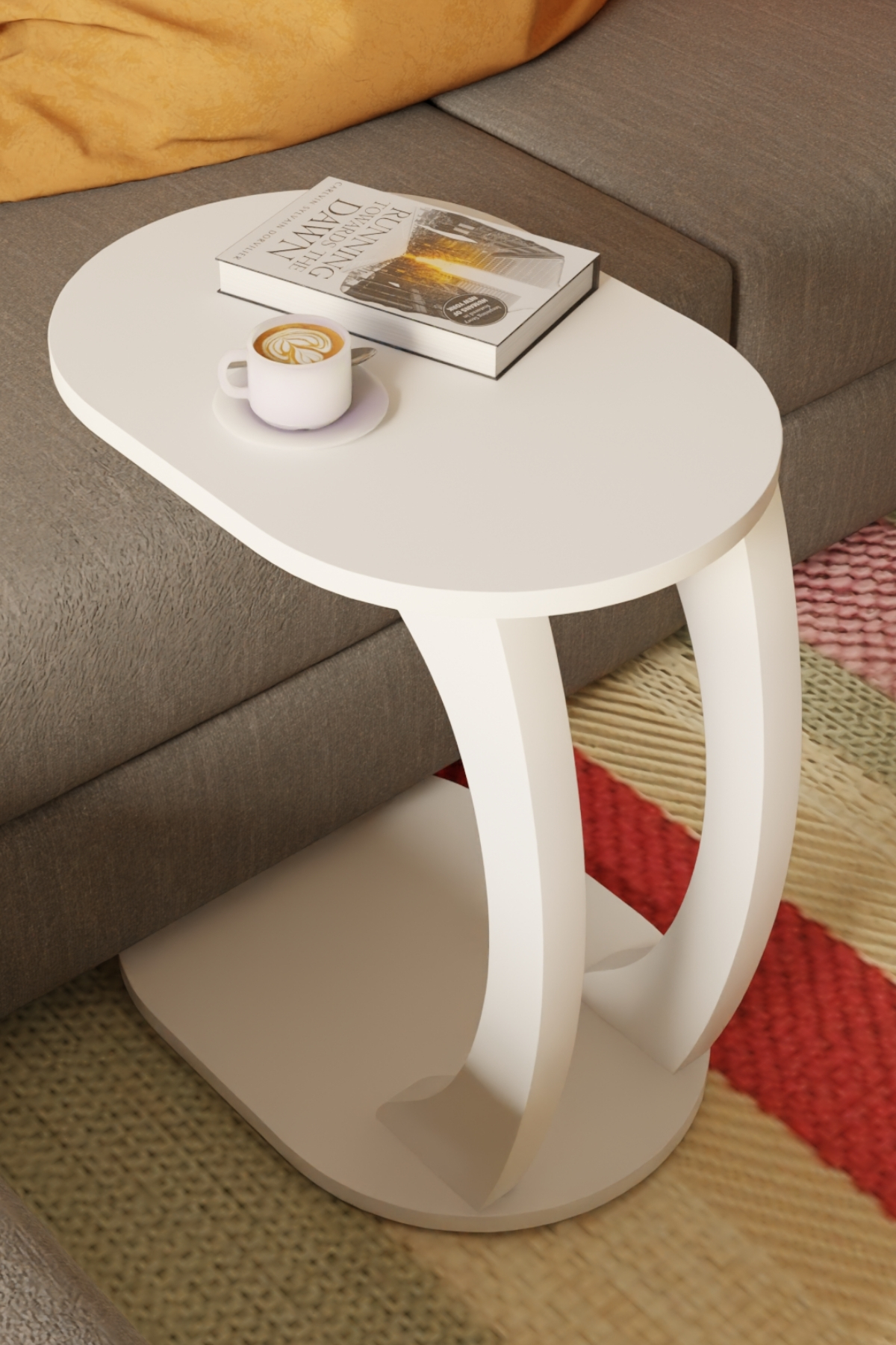 Table d’Appoint Ovale en Forme C avec Roulettes – Blanc