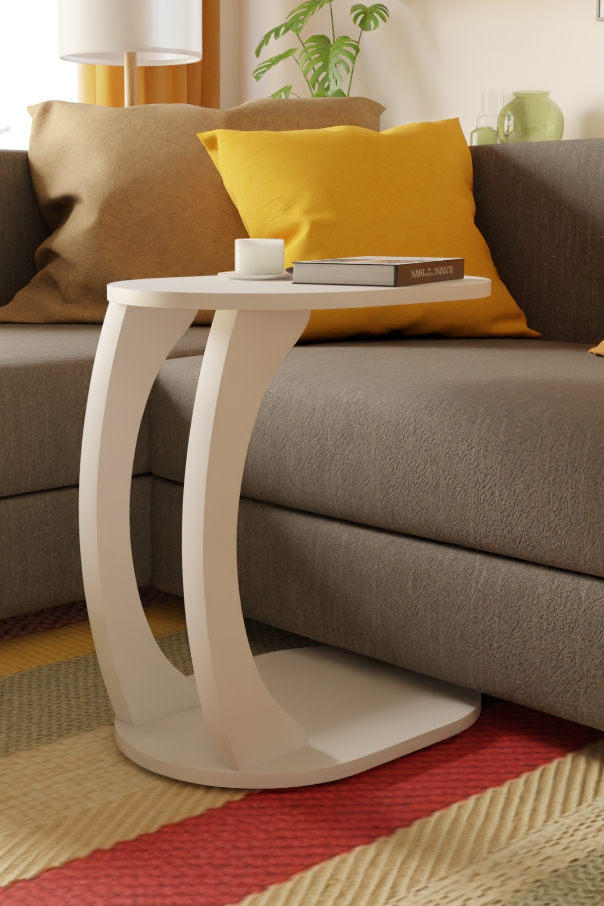 Table d’Appoint Ovale en Forme C avec Roulettes – Blanc