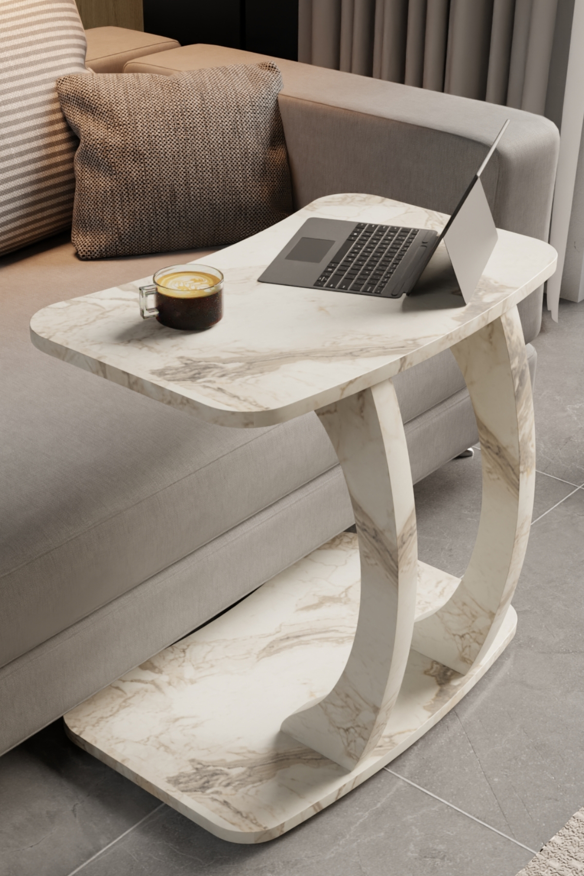Table d’Appoint Rectangulaire en Forme C – Effet Marbre Blanc, Table pour Ordinateur