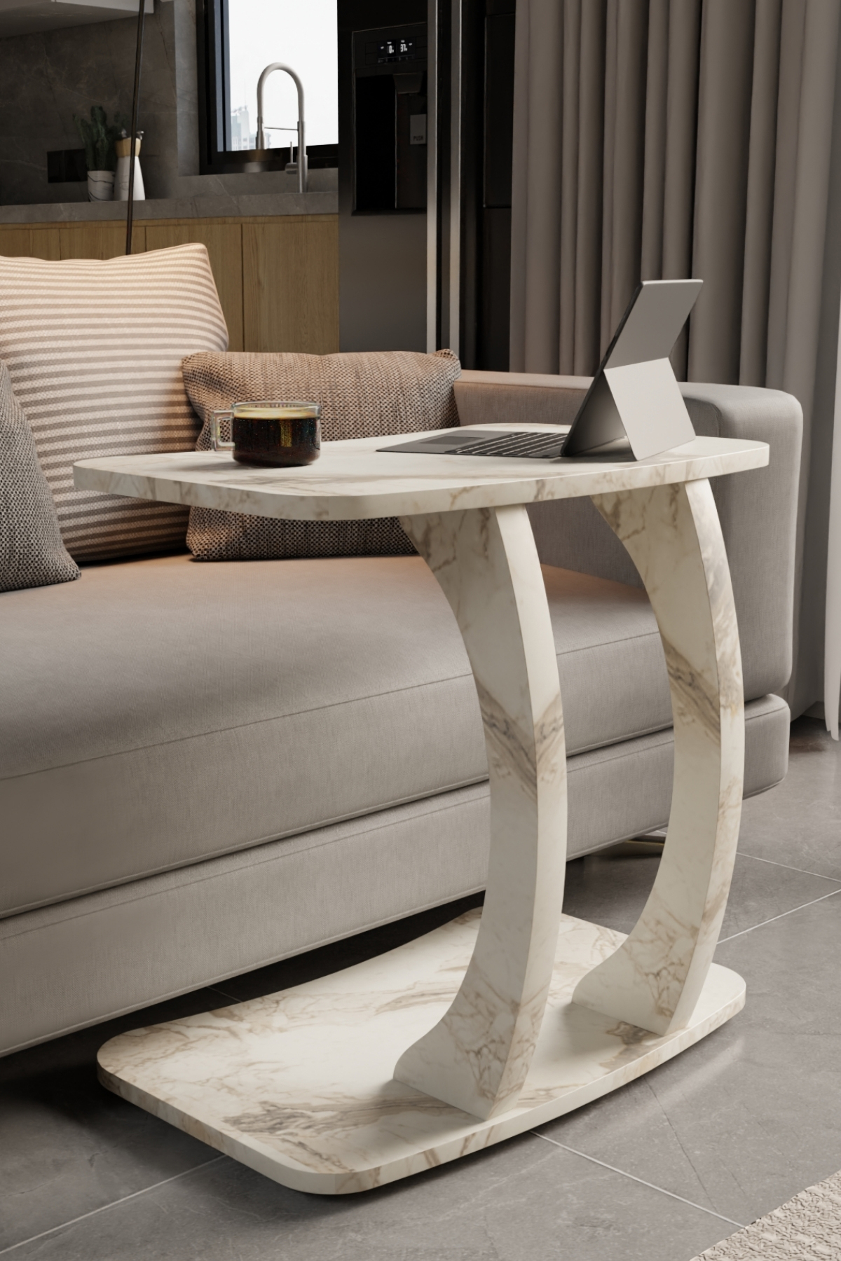 Table d’Appoint Rectangulaire en Forme C – Effet Marbre Blanc, Table pour Ordinateur
