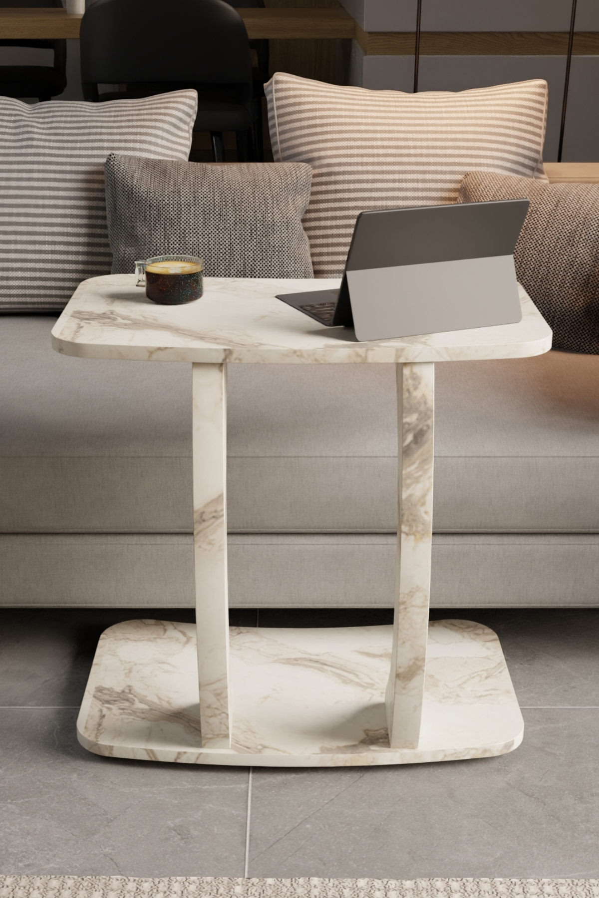 Table d’Appoint Rectangulaire en Forme C – Effet Marbre Blanc, Table pour Ordinateur