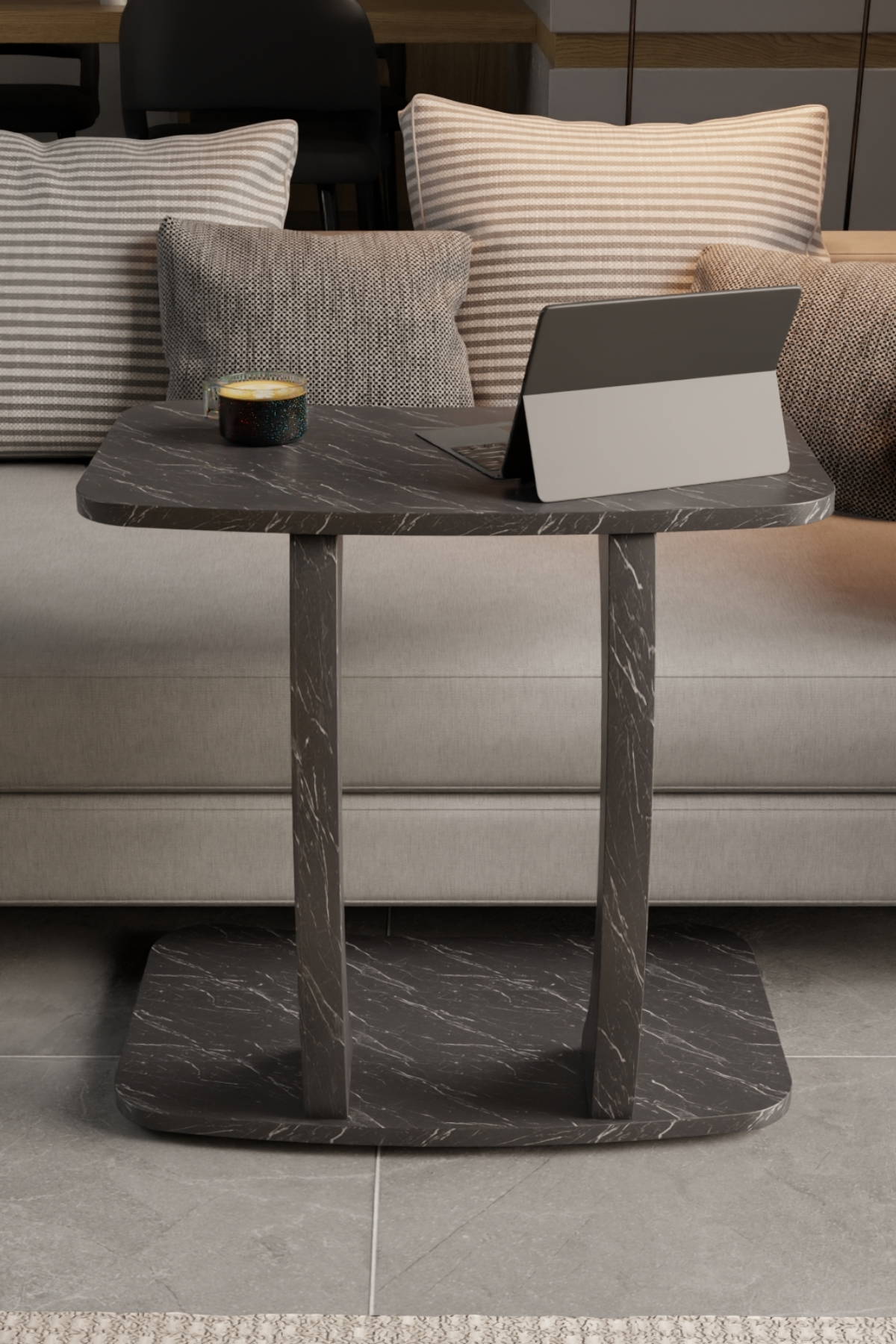 Table d’Appoint Rectangulaire en Forme C avec Roulettes – Effet Marbre Noir, Table Laptop