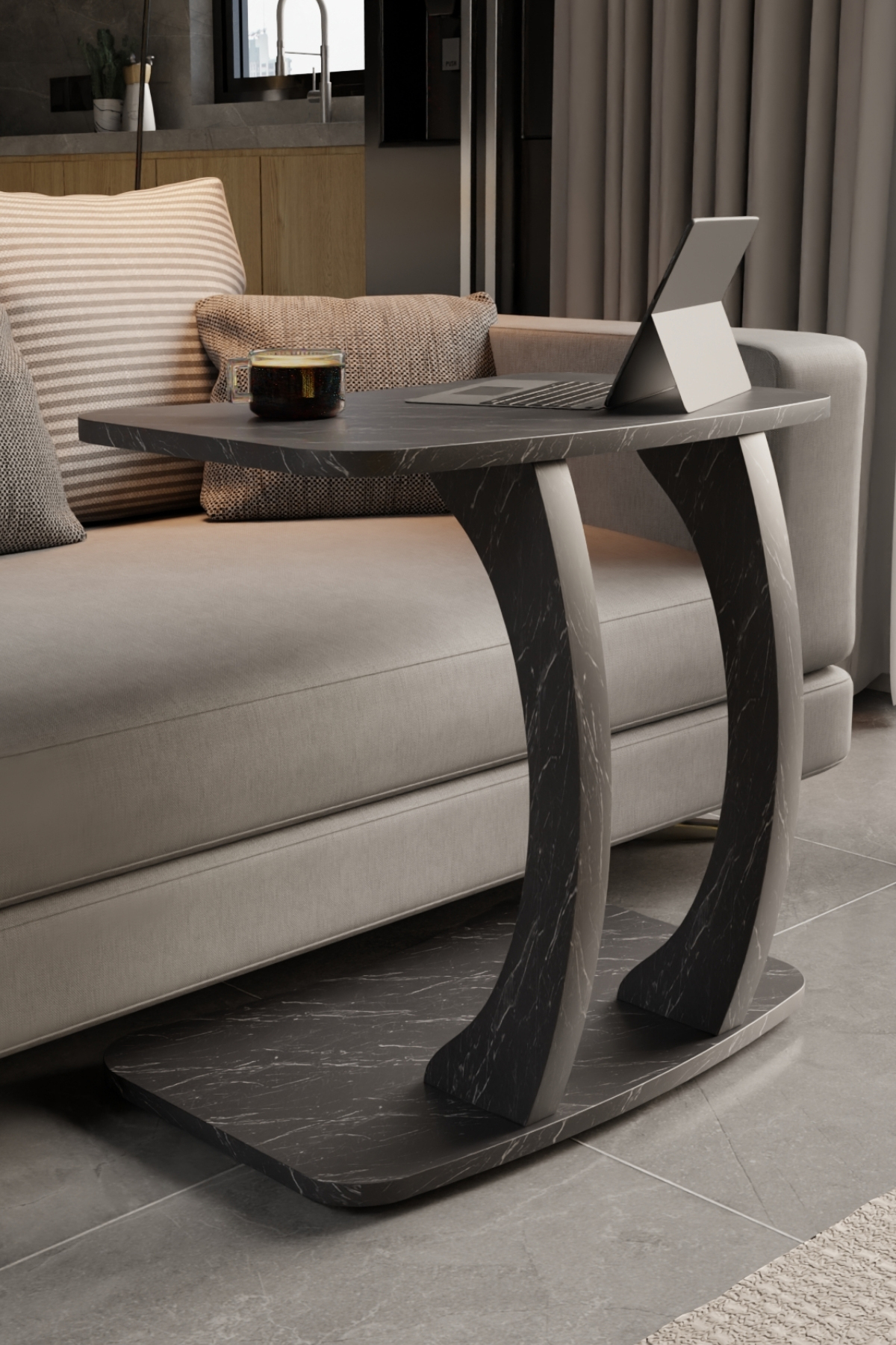 Table d’Appoint Rectangulaire en Forme C avec Roulettes – Effet Marbre Noir, Table Laptop