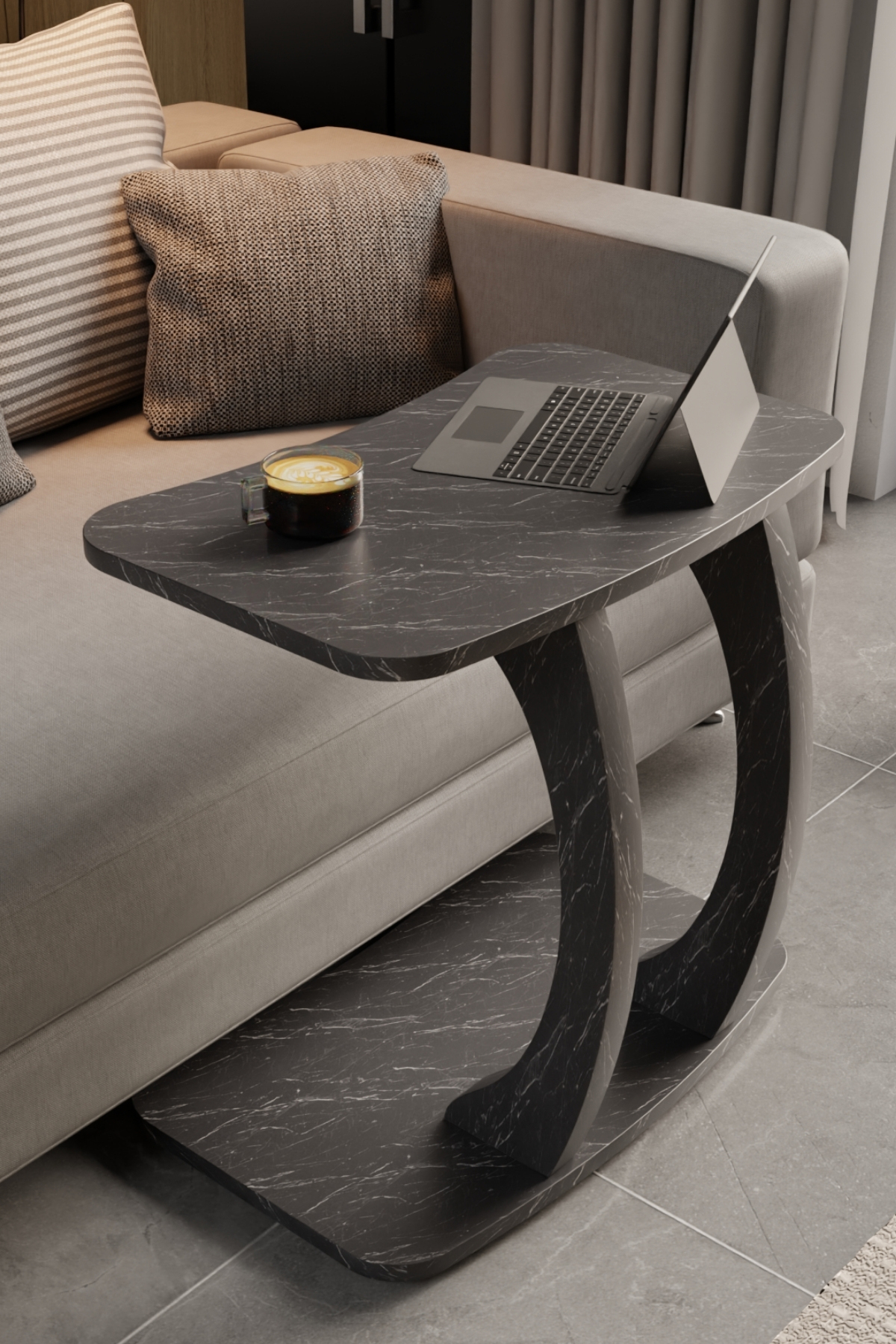 Table d’Appoint Rectangulaire en Forme C avec Roulettes – Effet Marbre Noir, Table Laptop