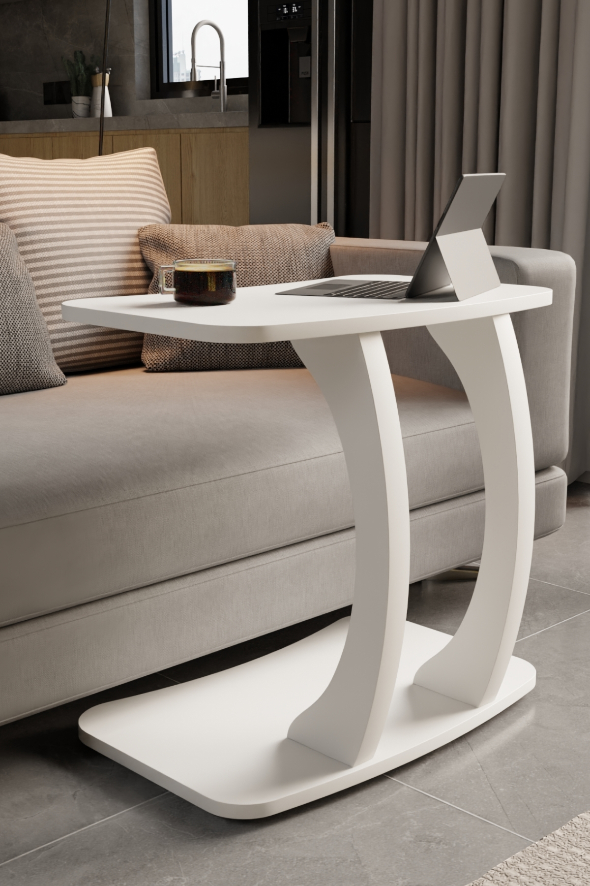 Table d’Appoint Rectangulaire en Forme C avec Roulettes – Blanc, Table Laptop