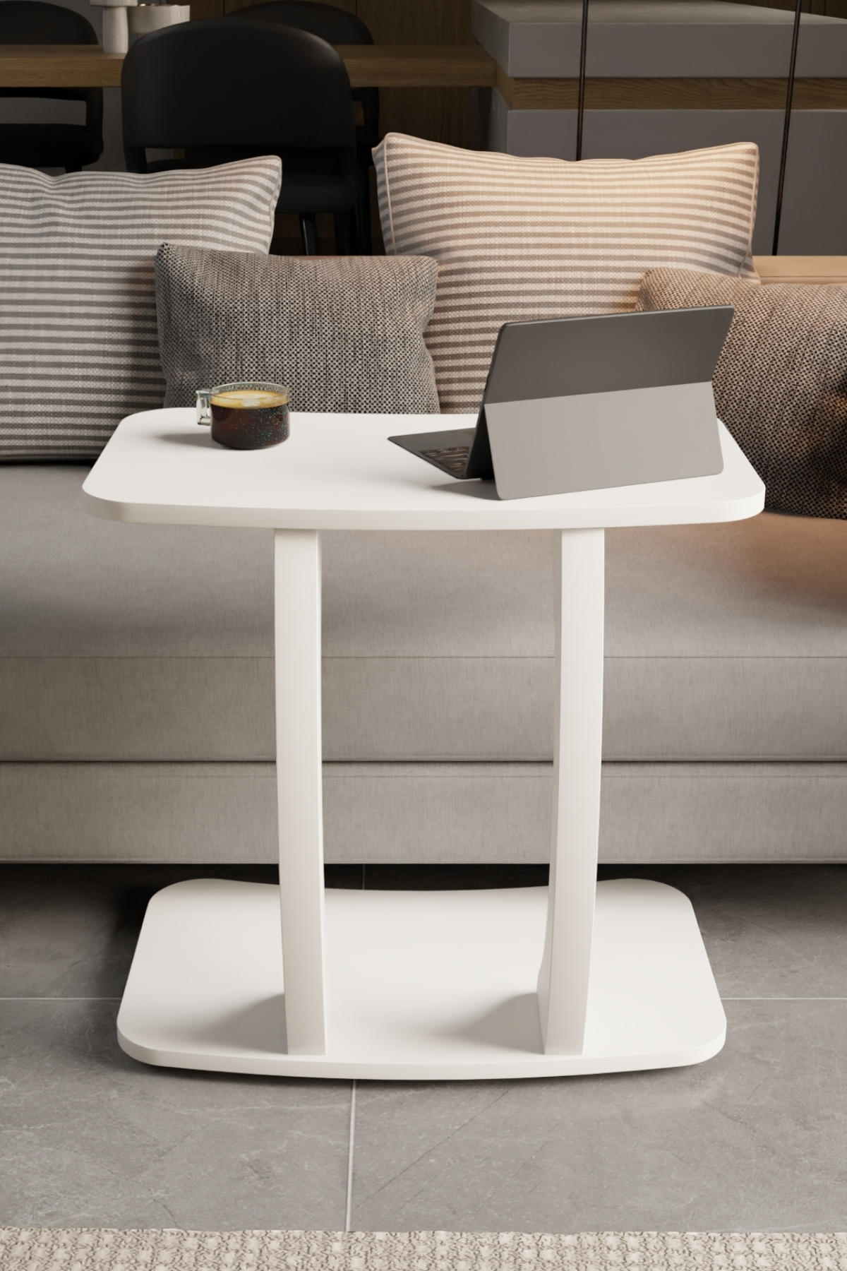Table d’Appoint Rectangulaire en Forme C avec Roulettes – Blanc, Table Laptop