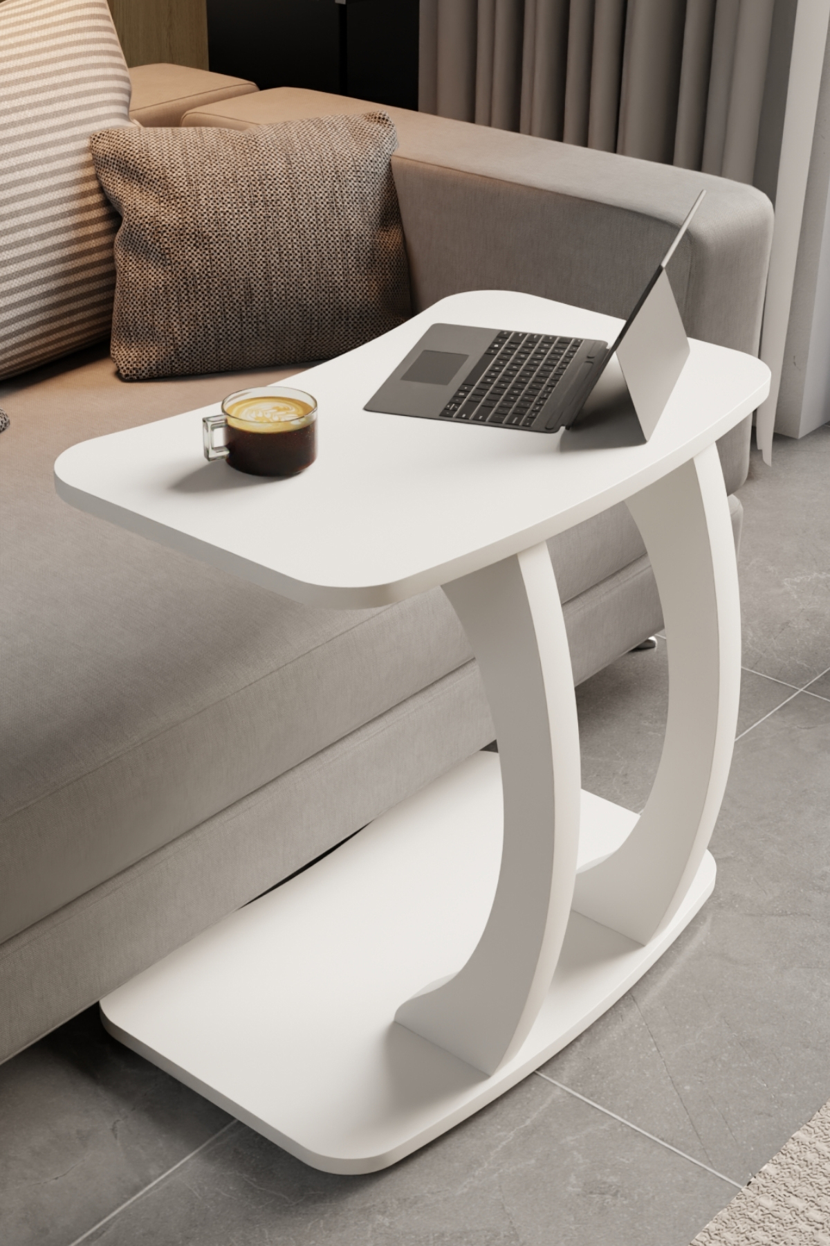 Table d’Appoint Rectangulaire en Forme C avec Roulettes – Blanc, Table Laptop