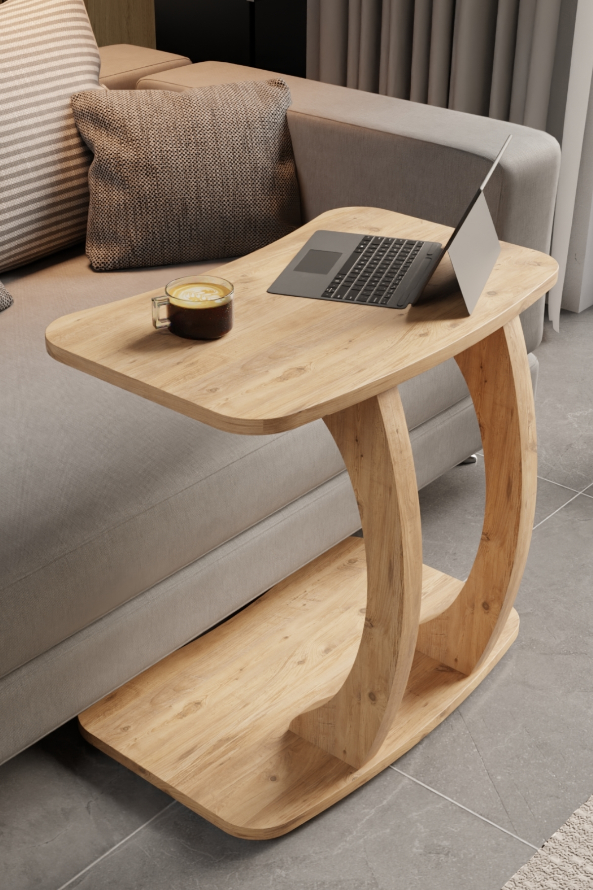 Table d’Appoint Rectangulaire en Forme C avec Roulettes – Pin Atlantique, Table Laptop