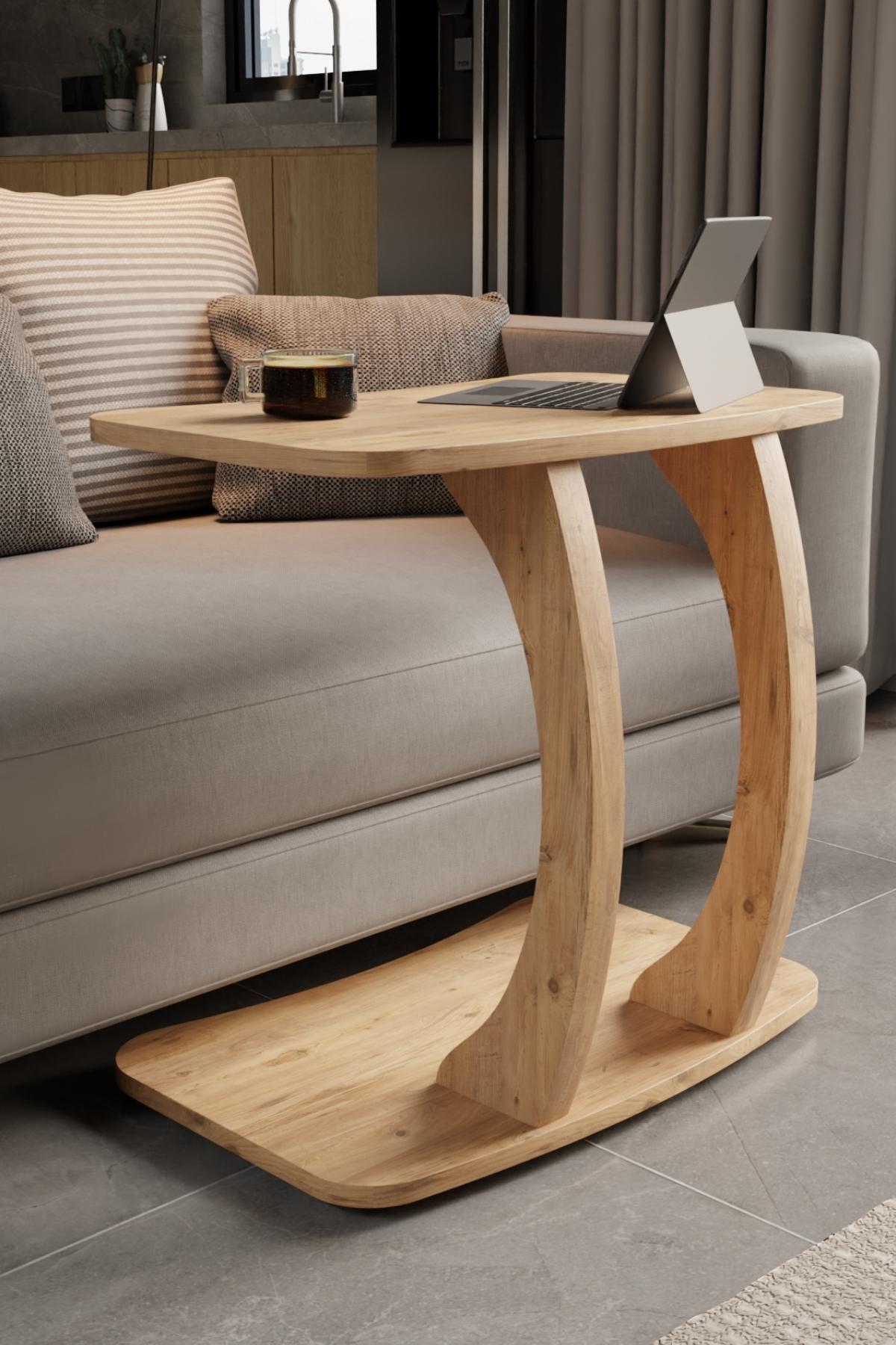 Table d’Appoint Rectangulaire en Forme C avec Roulettes – Pin Atlantique, Table Laptop