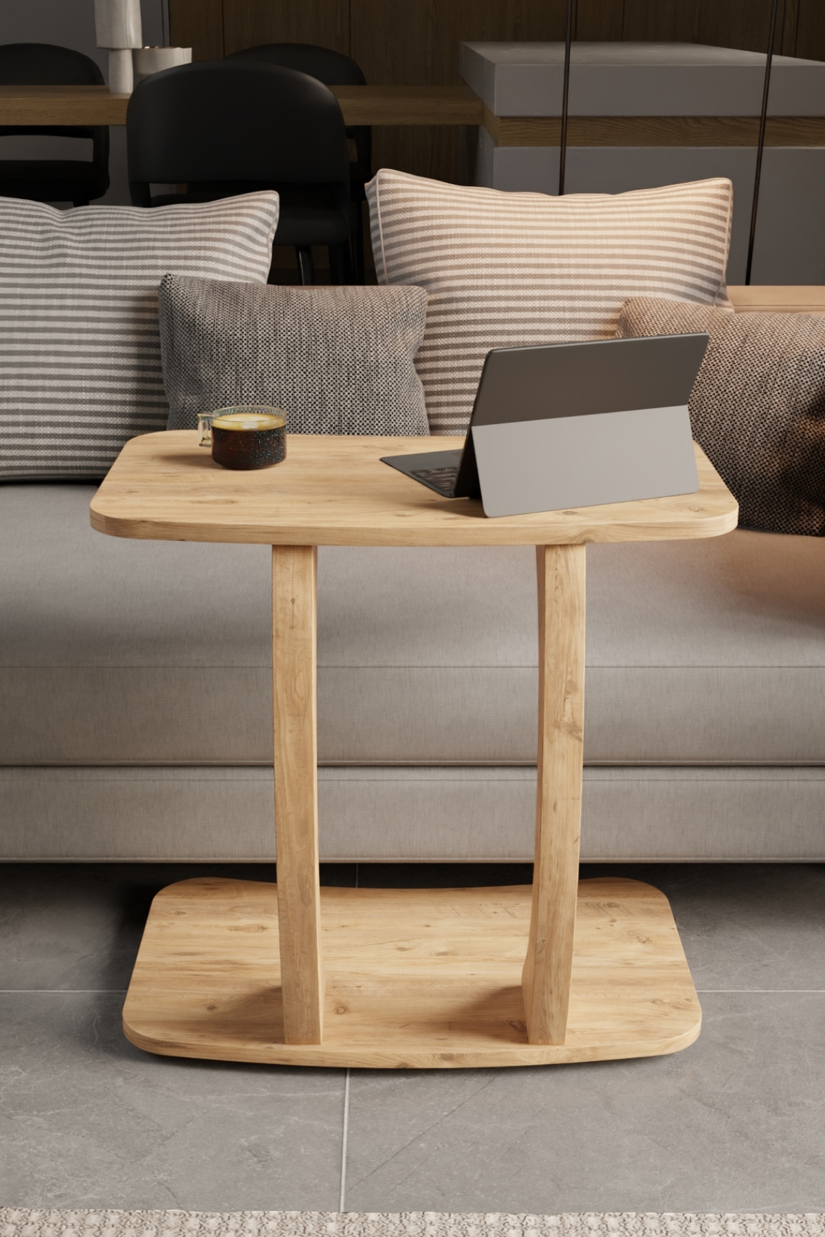 Table d’Appoint Rectangulaire en Forme C avec Roulettes – Pin Atlantique, Table Laptop