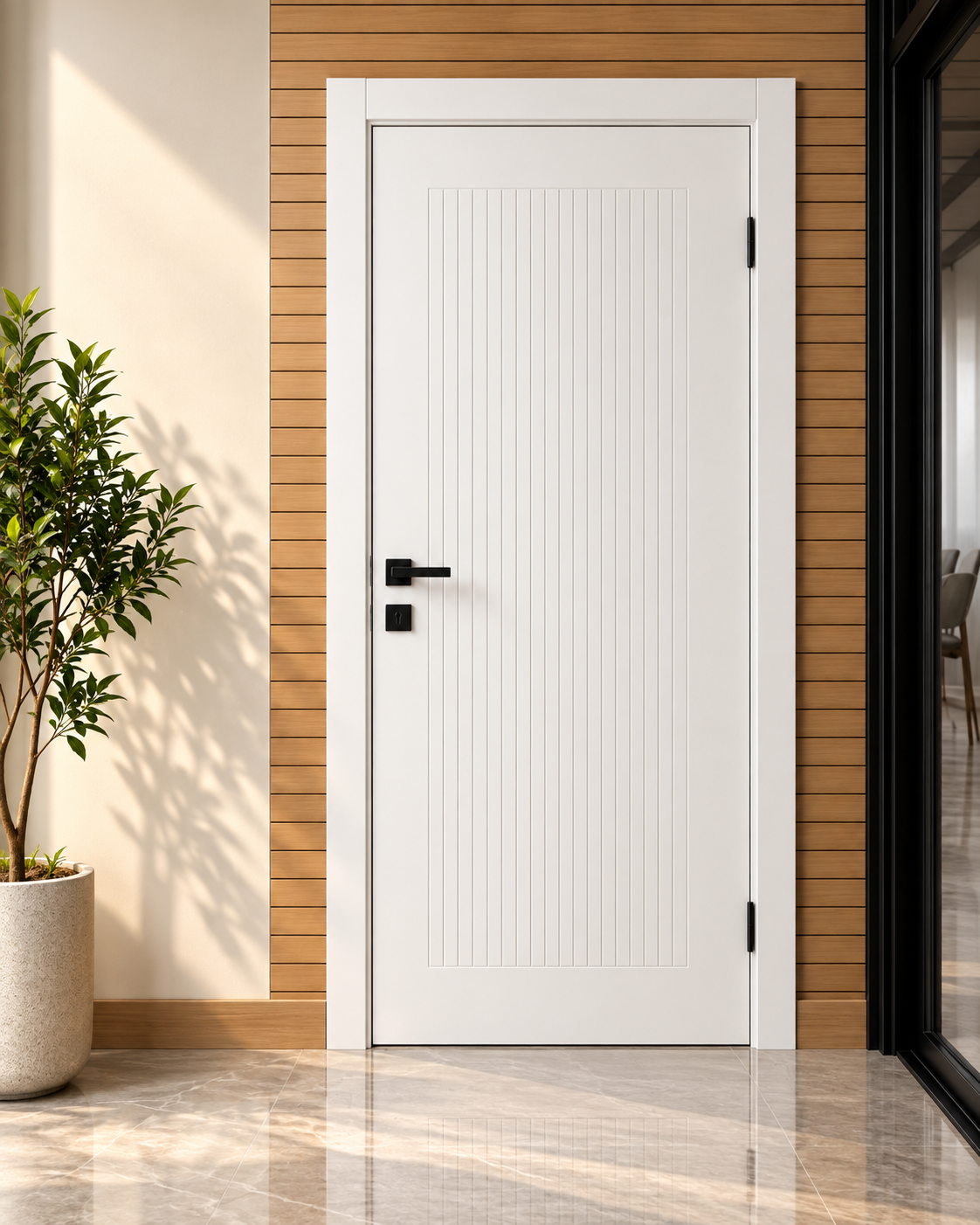 Porte Intérieure en Composite – Blanche à Lignes Verticales, Modèle I04