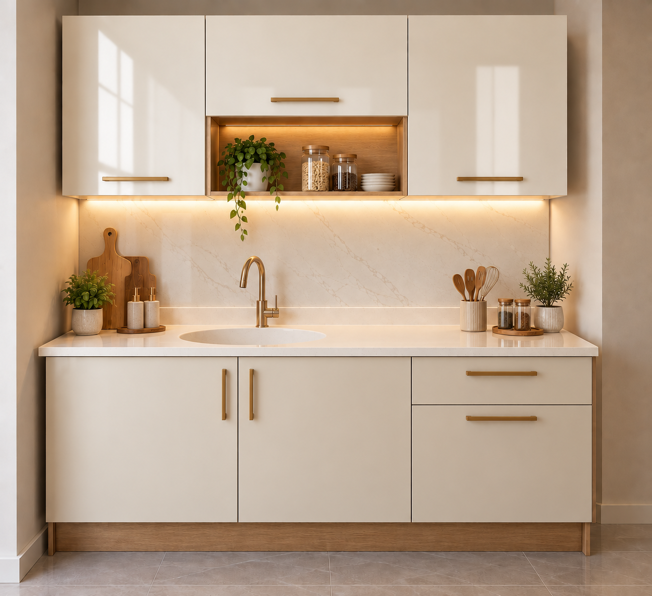 150 cm Compact Kitchen Cabinet – Cream, Wood Accents And Integrated Sink