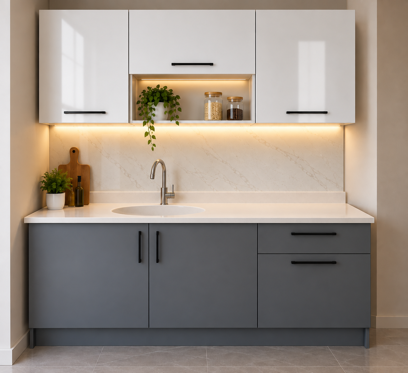 150 cm Modern Anthracite Kitchen Cabinet – White Marble-Effect Countertop With Integrated Sink