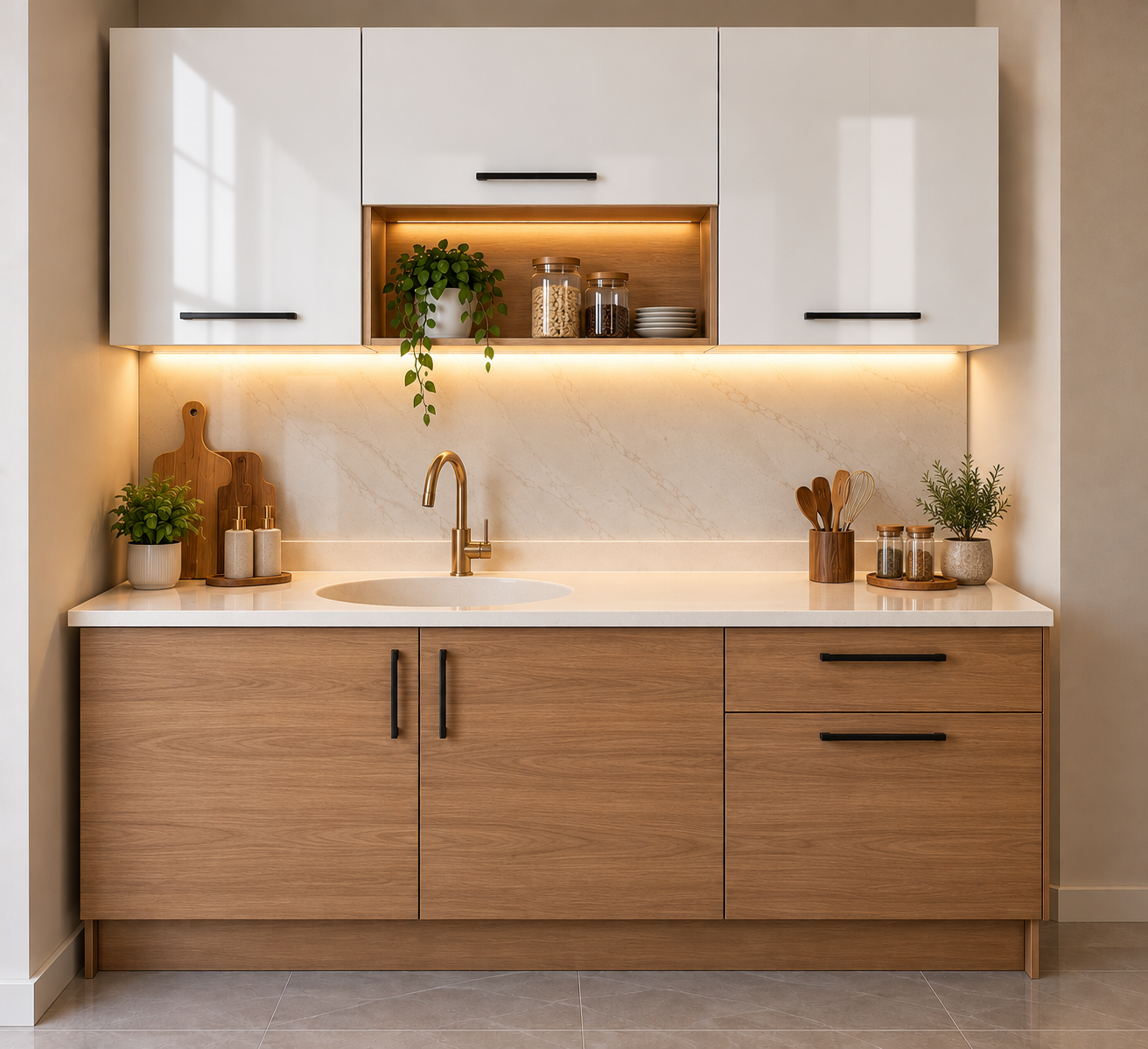 150 cm modern wood-effect kitchen cabinet – White upper cabinets and integrated sink