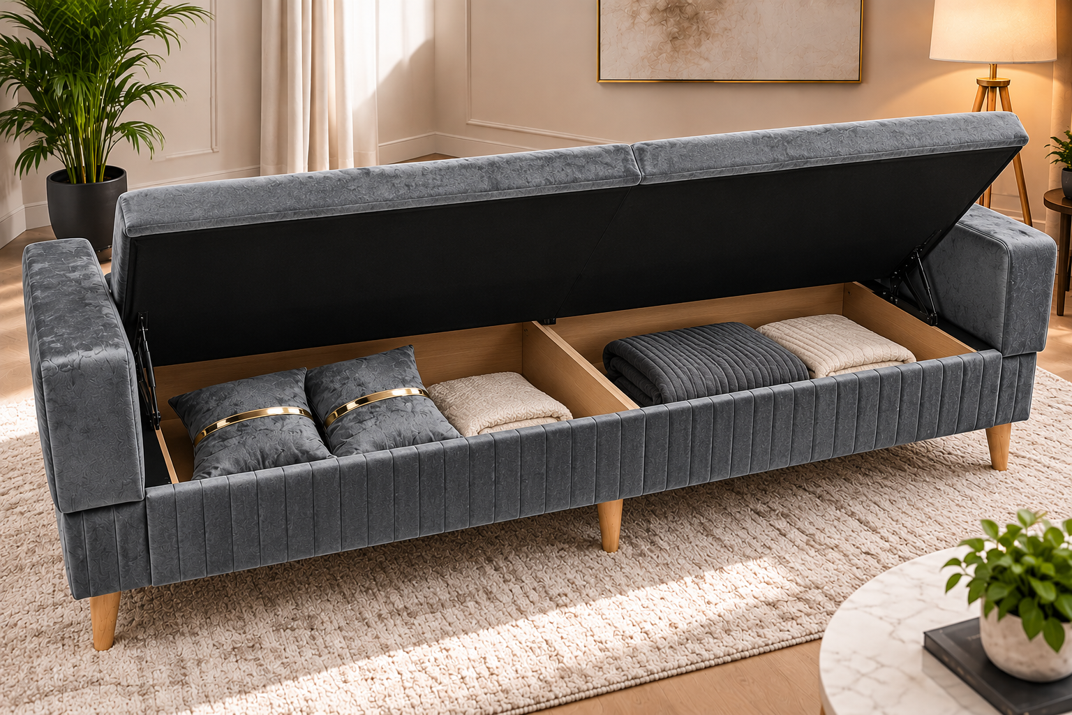 Canapé Santa Gris – Canapé Convertible En Lit Avec Coffre De Rangement