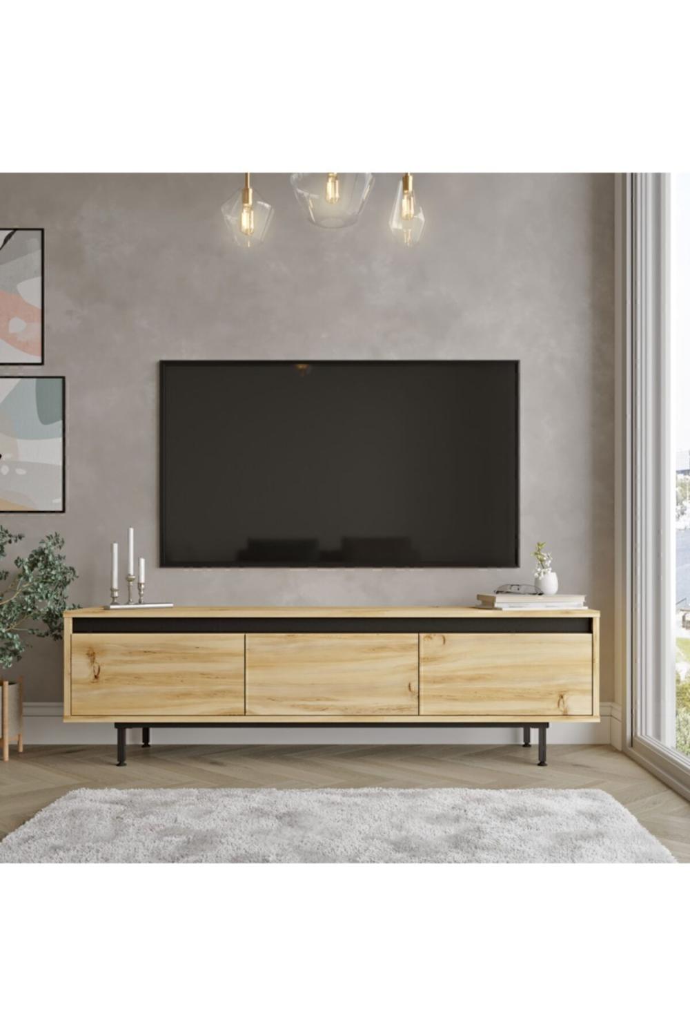 Meuble TV Arya 160 cm avec Pieds Métalliques – Gris (Effet Feutre) & Noir ARY1-KL