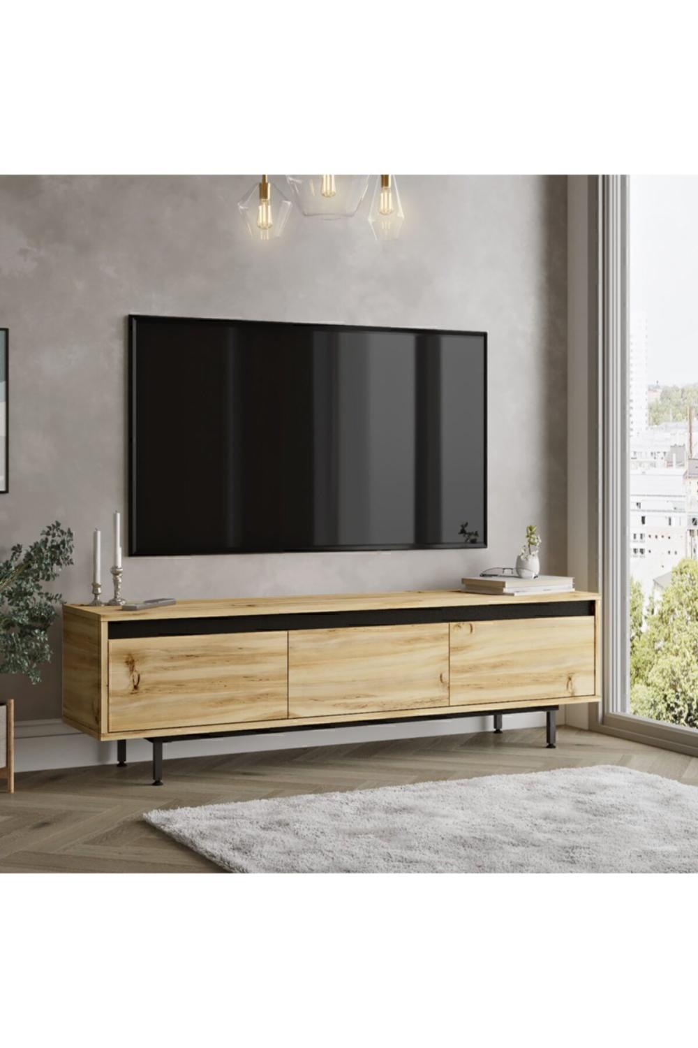 Meuble TV Arya 160 cm avec Pieds Métalliques – Gris (Effet Feutre) & Noir ARY1-KL