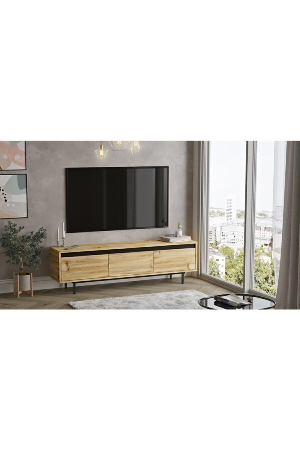 Meuble TV Arya 160 cm avec Pieds Métalliques – Gris (Effet Feutre) & Noir ARY1-KL