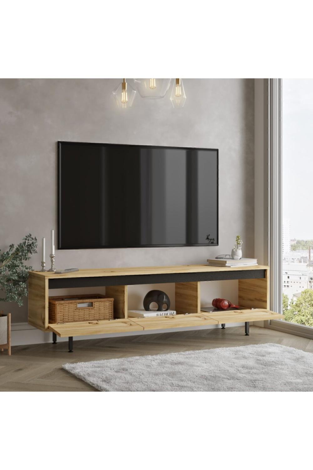 Meuble TV Arya 160 cm avec Pieds Métalliques – Gris (Effet Feutre) & Noir ARY1-KL