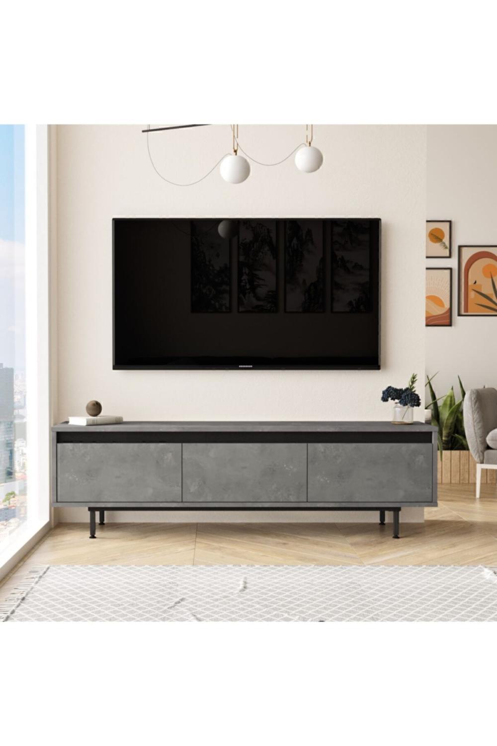 Arya 160cm Meuble TV Table basse Métal Sur pieds Béton-Noir ARY1-RL