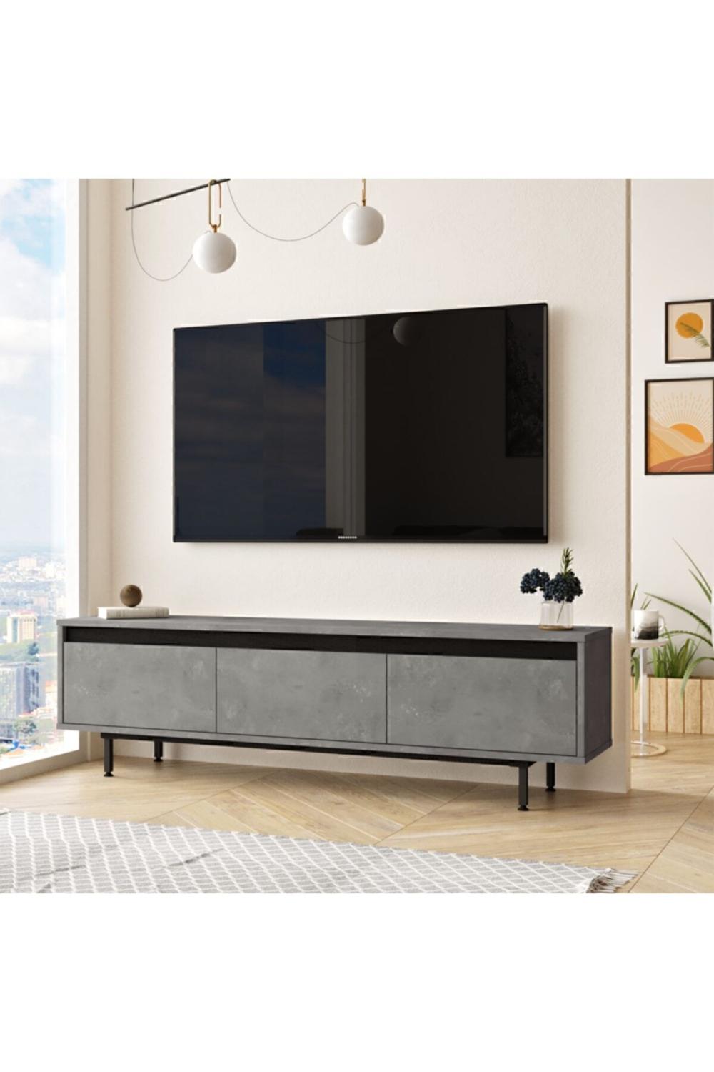 Arya 160cm Meuble TV Table basse Métal Sur pieds Béton-Noir ARY1-RL