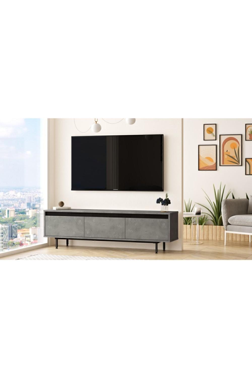 Arya 160cm Meuble TV Table basse Métal Sur pieds Béton-Noir ARY1-RL