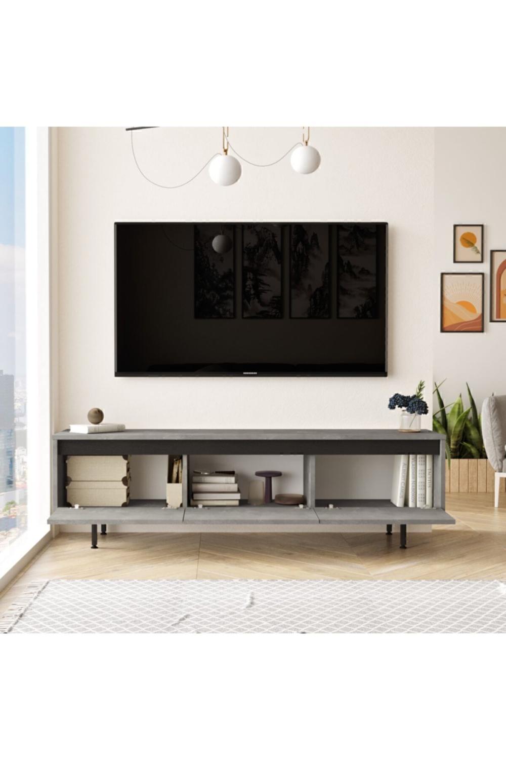 Arya 160cm Meuble TV Table basse Métal Sur pieds Béton-Noir ARY1-RL